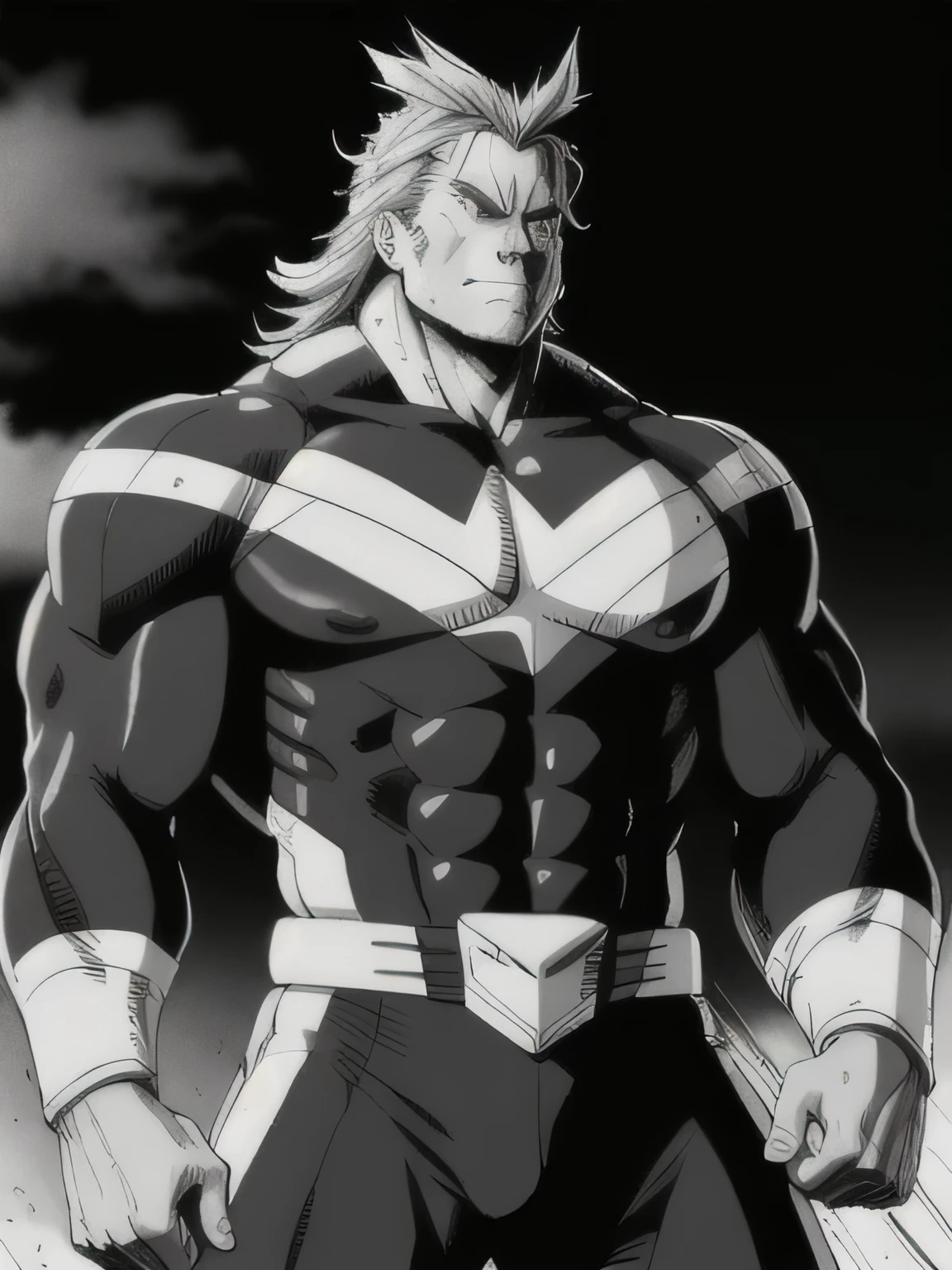 best quality, high resolution, manga, monochrome, handwritten style, allmight, black bodysuit, hunk, wet clothes, from below, arms folded,