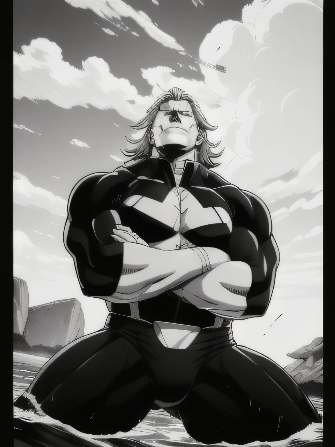 best quality, high resolution, manga, monochrome, handwritten style, allmight, black bodysuit, hunk, wet clothes, from below, arms folded,