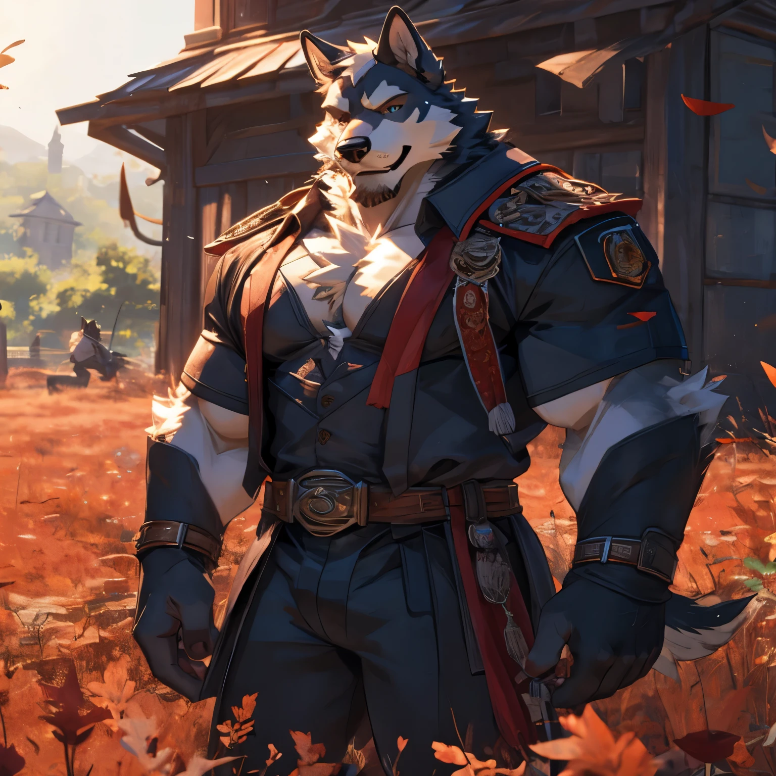 (CG 8k)dog clan,gray fur,very robust,Wear short sleeves and long pants,Strong chest muscles,Strong thigh muscles,Handsome smile,facing the camera,standing on the grassland