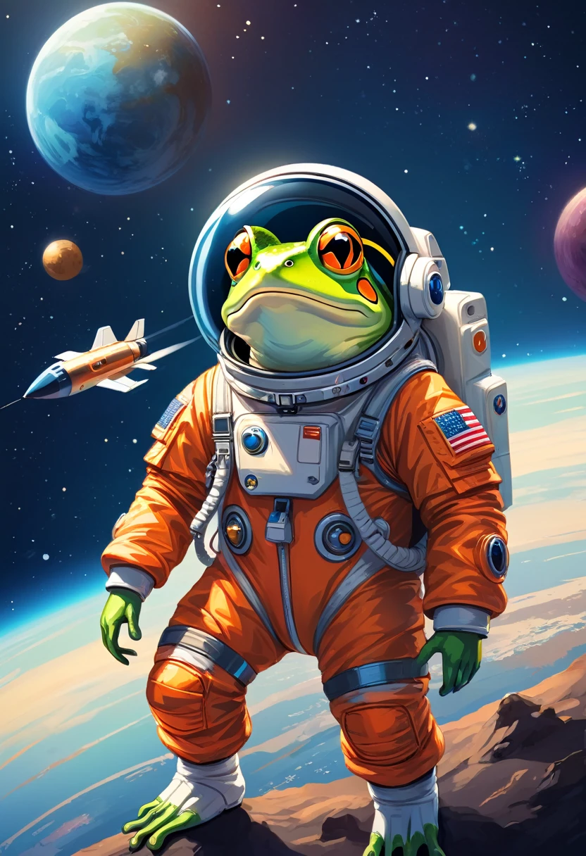 vector art:frog astronaut,draw with thick lines,shame,adobe,flat design,Works created by professional designers,超아주 wonderful宇宙旅行,orange frog:space suit,rocket emblem,technology,adventure,spaceship,outer space,no gravity,buoyant,floating object,cute,아주 wonderful,아주 wonderful,Bokeh effect,funny,아주 wonderful,pleasure,masterpiece,最高masterpiece,rich colors,fancy,wonderful,expression,Zentangle elements,line drawing