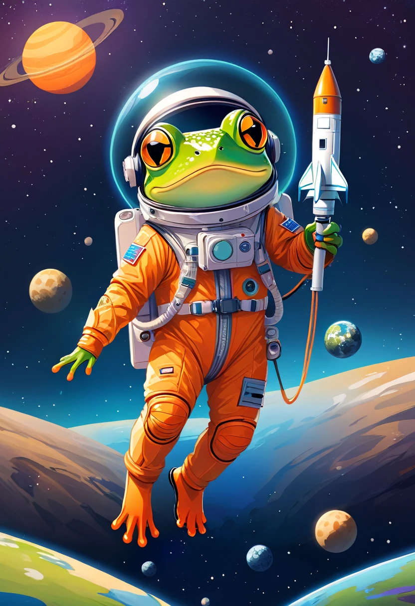 vector art:frog astronaut,draw with thick lines,shame,adobe,flat design,Works created by professional designers,超아주 wonderful宇宙旅行,orange frog:space suit,rocket emblem,technology,adventure,spaceship,outer space,no gravity,buoyant,floating object,cute,아주 wonderful,아주 wonderful,Bokeh effect,funny,아주 wonderful,pleasure,masterpiece,最高masterpiece,rich colors,fancy,wonderful,expression,Zentangle elements,line drawing
