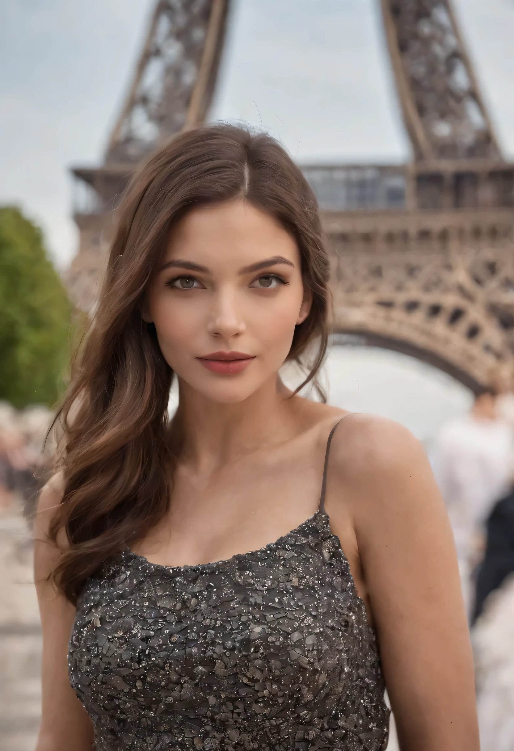 "Descreva uma cena envolvendo uma mulher de cabelos negros e pele morena explorando os encantos de Paris. Inclua detalhes como a Torre Eiffel ao fundo, Charming cafes, cobblestone streets and a sunny blue sky. Como ela interage com o ambiente ao seu redor? How your facial expression reflects your experience in the city of lights?"