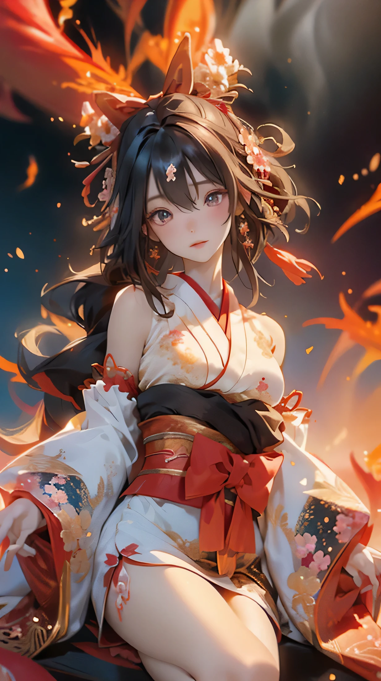 official art, unity 8k wallpaper, super detailed, beautiful beautiful, masterpiece, highest quality, (tangled, tangle, tangle), (fractal art: 1.4), 1 girl, black haired, Japanese, bare shoulders, short skirt, calf, very detailed, dynamic angle, cowboy shot, (the most beautiful form of chaos), flowing, (bright colors), nffsw, (half: 1.2), Japanese style, (Tanka: 1.5), (ribbon: 1.3), (dream: 1.5), (Japanese style: 1.5), Japan Phoenix、(laughter:0.5)、(Japanese god)、Bewitching,Flower of the other shore