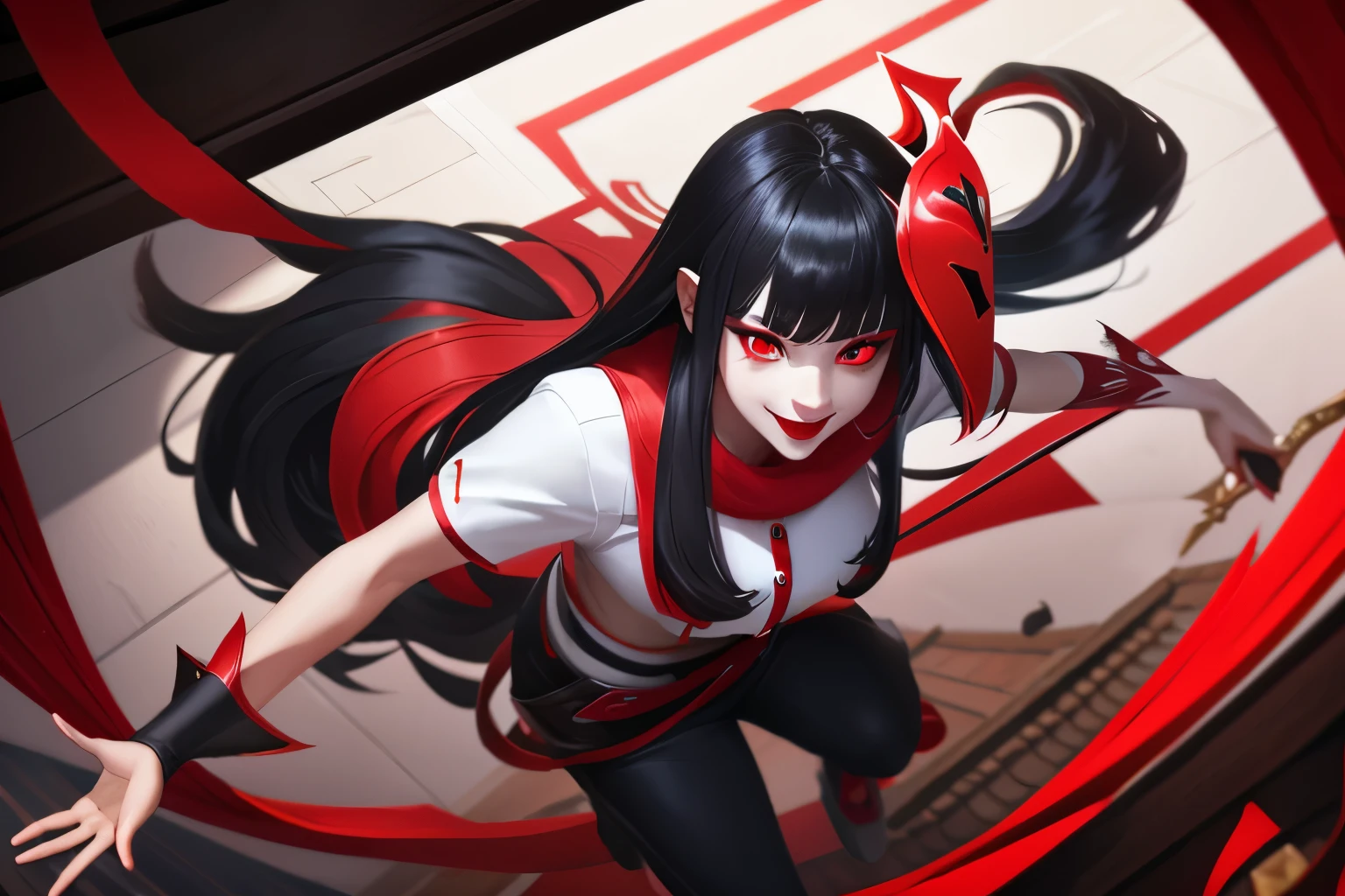 clown,white shirt,(red black magic:1.2), League of Legends สแปลชอาร์ต, woman,Bangs,black pants,Red eyes,ยืนอยู่บนcard,Long black hair with bangs,top view,(madness:1.2),card,mask,Sino roof floor