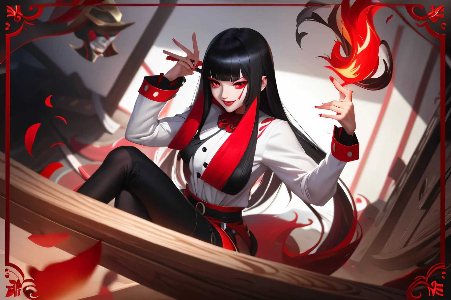 clown,white shirt,(red black magic:1.2), League of Legends สแปลชอาร์ต, woman,Bangs,black pants,Red eyes,ยืนอยู่บนcard,Long black hair with bangs,top view,(madness:1.2),card,mask,Sino roof floor