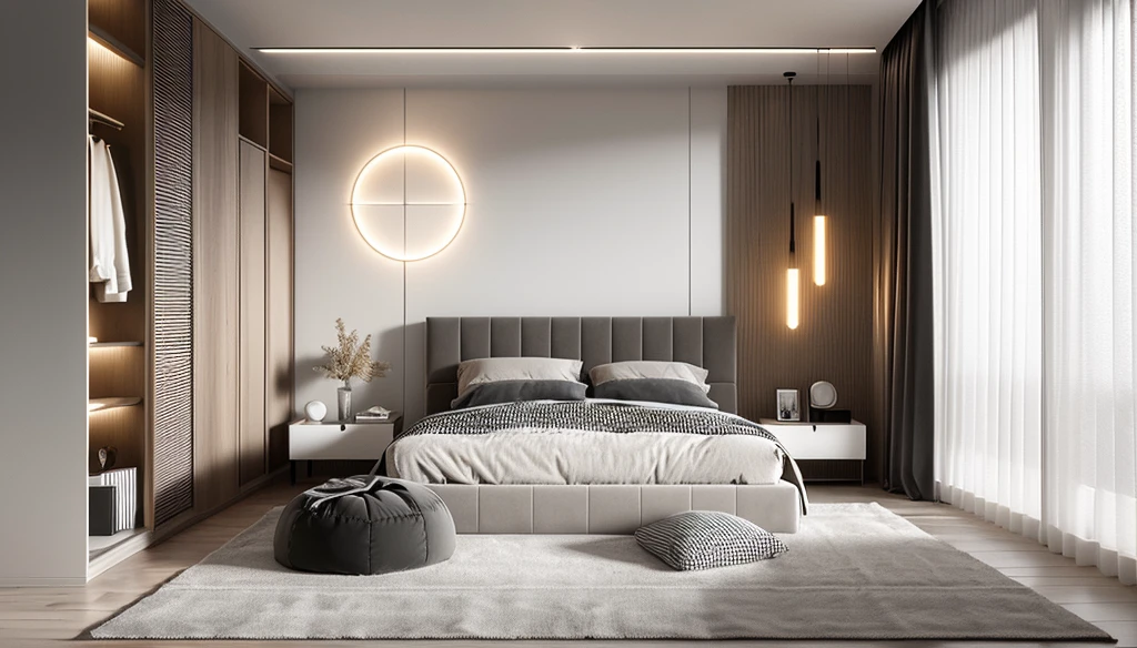 Lao Chen, Interior Design, bed room, Light Color, (grossy wooden floor), (soft cloth in wardore), (window), (curtain light), (light obscured by translucent curtains), (sofft warm led light), (circle spotlight), (indoor), (woodrn door), (tone gray mix white bed), {bright sunlight|midday}, {Best Quality|Masterpiece|best illustration|Photorealism archdaily|award winning design|photorealistic|extreme detail|Stunning|photographic render|High-fidelity|vray render|Eye-catching|Sharp edge render}, ((masterpiece)), ((best quality:1.4)),(ultra-high resolution:1.2),(realistic:1.4),(8k:1.2)