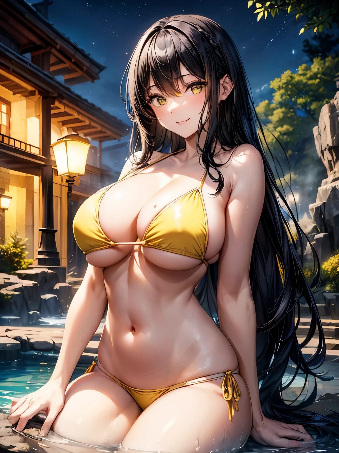 highest quality、complete limbs、Beautiful woman、solo、(black haired woman:1.3)、(Woman with long straight hair)、(big breasted woman:1.3)、(((Woman in yellow bikini:1.3)))、Superior hotel、open-air bath、Bath surrounded by stones、night、light up、smile