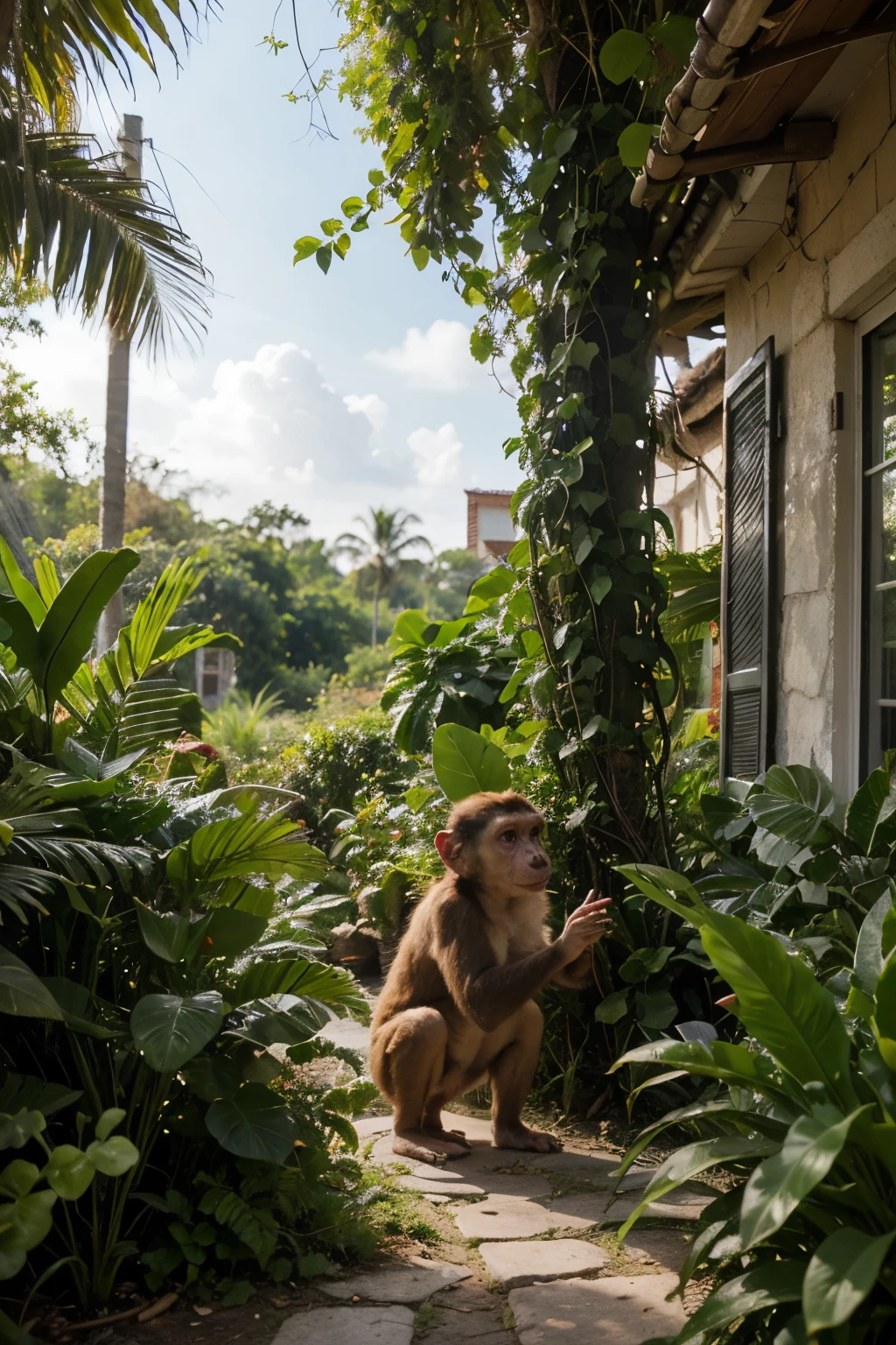 A vibrant jungle scene with a playful monkey, digital illustration,
bright colors, cartoonish style, lots of greenery, cute animals, suitable for
children's decor, high resolution, tropical atmosphere, with flowers and
vines, friendly creatures, ideal for a nursery