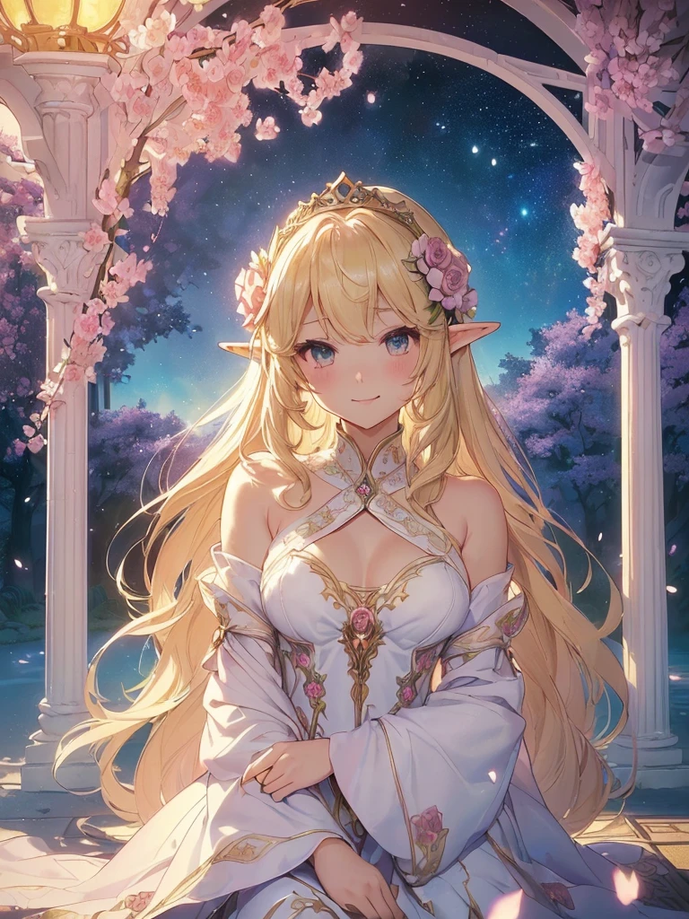 highest quality、Highest image quality、masterpiece、beautiful face、、Titania、Super beautiful elf beauty((22 years old OL big bust、bust 90,beautiful long ironed hair、blonde、Height: 165cm。slender、sexy、Esbian、beautiful tiara、night、High quality、美しいart、Beautiful bed、canopy、Sky curtain、muste piece、ビジュアルart、Depth of the bounds written、、elf ears、、Lightのmagic、universe、A happy smile、穏やかなLight、Elven Forest、cherry blossoms、、elegant、ticker beautiful decorative、marble columns、fresco、Mosaic floor、mystical　rosa、Rose、flower瓶、magicのflower、flowerを作るmagic、Light、　the sky、beautiful dressy、beautiful dress、table、myth、ART、Lord of the Ring、sexy、friendly smile、Fantastic、cherry blossoms、舞い散るflowerびら、cherry blossomsのflower、universeのmagic、magicのLight、fantasy、flower、super REALITYたくさんのRose、magic、Interior decoration、Many tapestries、Grow fantasy、、mysteryのLight、byzantine、renaissance、Art nouveau、alphonse　Mucha、、art、art,mystery,UHD,magicalgentle light,sexy、