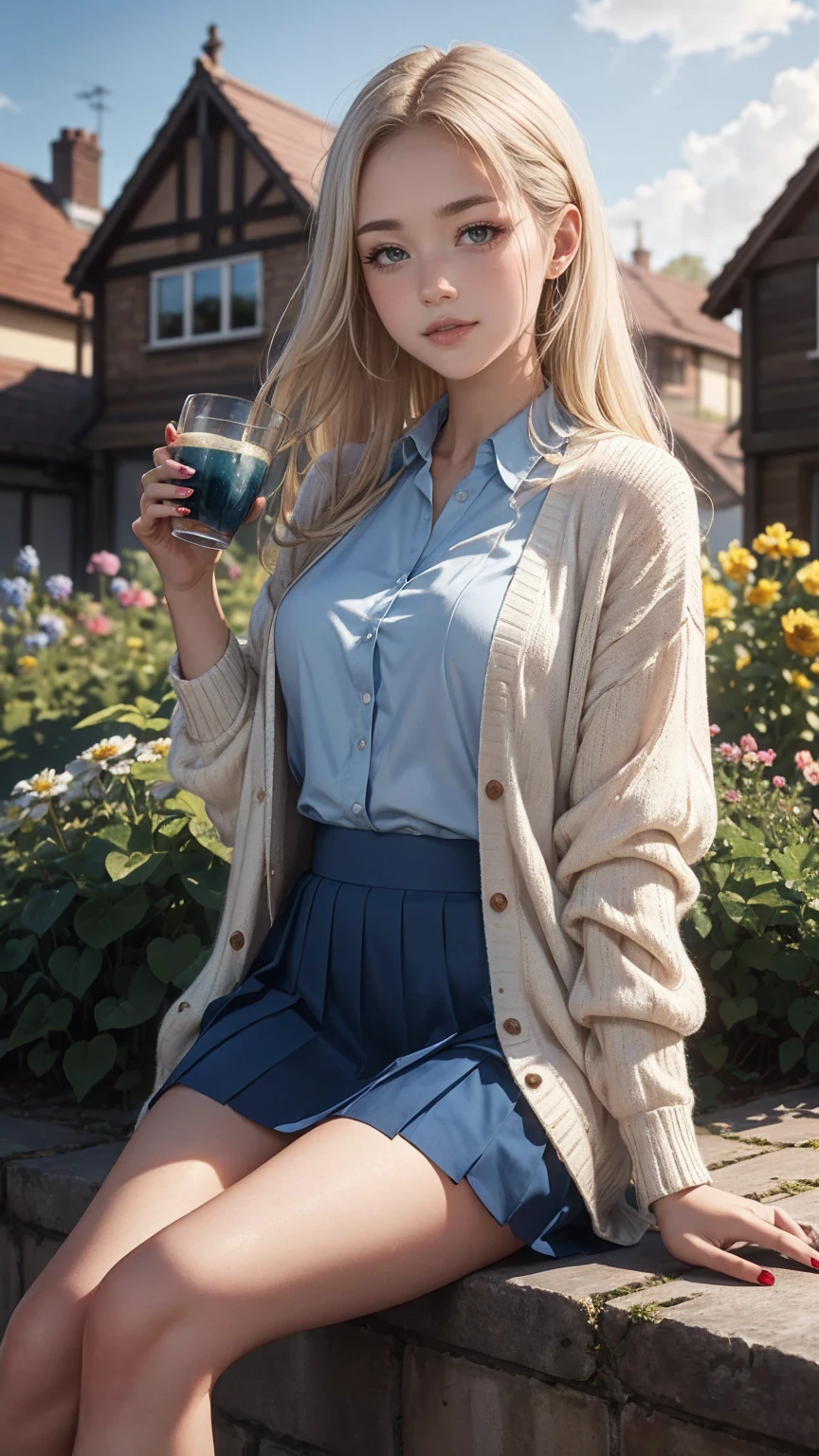 ((最high quality, 8K, masterpiece: 1.3, Ultra HD, high quality, 最high quality, High resolution, realism)) 、A 22-year-old extremely beautiful white woman、Her hair color is platinum blonde、blue eyeedium hair、straight hair、The hair is shiny、The skin is lustrous、smile、Slender but well-proportioned muscular body、Athlete-like body type、I don&#39;t want my head to disappear from the screen.、Wearing accessories on your wrist、Wearing red nail polish、I have a peticure、British suburban buildings、There is an English garden、Many flowers bloom、The blue sky is beautiful、summer sunshine、Wearing a blouse、put on a cardigan、Long length covers the ankles、Wear a pleated skirt、Drinking tea in the garden、anatomically correct、((anatomically correct))、Ultra high definition((UHD))、textured skin((textured skin))、very detailed((super detail))、high detail((high details))、smile showing teeth((grin))