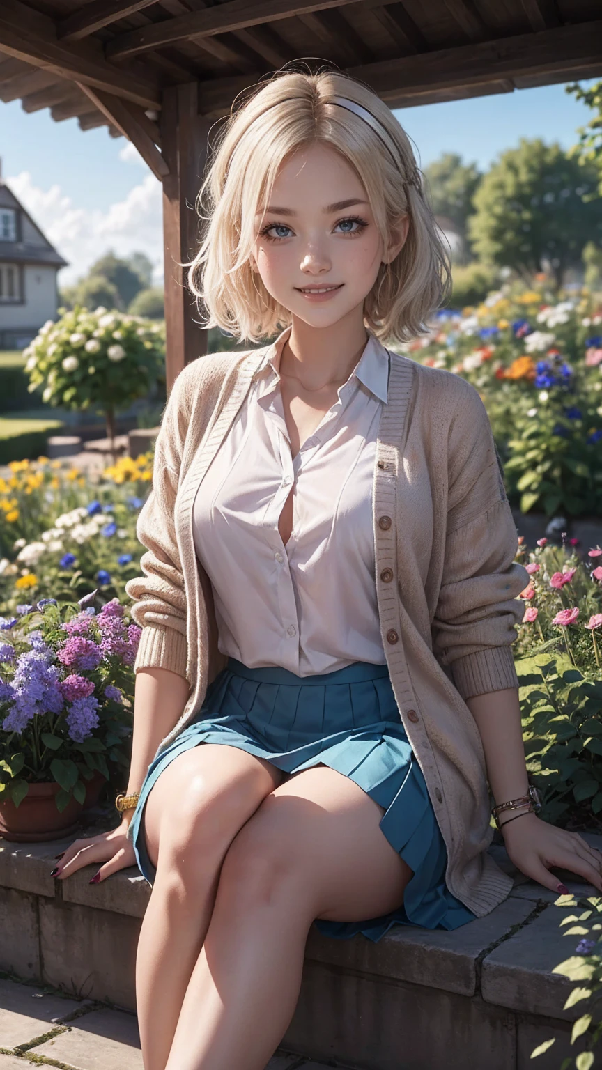 ((最high quality, 8K, masterpiece: 1.3, Ultra HD, high quality, 最high quality, High resolution, realism)) 、A 22-year-old extremely beautiful white woman、Her hair color is platinum blonde、blue eyeedium hair、straight hair、The hair is shiny、The skin is lustrous、smile、Slender but well-proportioned muscular body、Athlete-like body type、I don't want my head to disappear from the screen.、Wearing accessories on your wrist、Wearing red nail polish、I have a peticure、British suburban buildings、There is an English garden、Many flowers bloom、The blue sky is beautiful、summer sunshine、Wearing a blouse、put on a cardigan、Long length covers the ankles、Wear a pleated skirt、Drinking tea in the garden、anatomically correct、((anatomically correct))、Ultra high definition((UHD))、textured skin((textured skin))、very detailed((super detail))、high detail((high details))、smile showing teeth((grin))