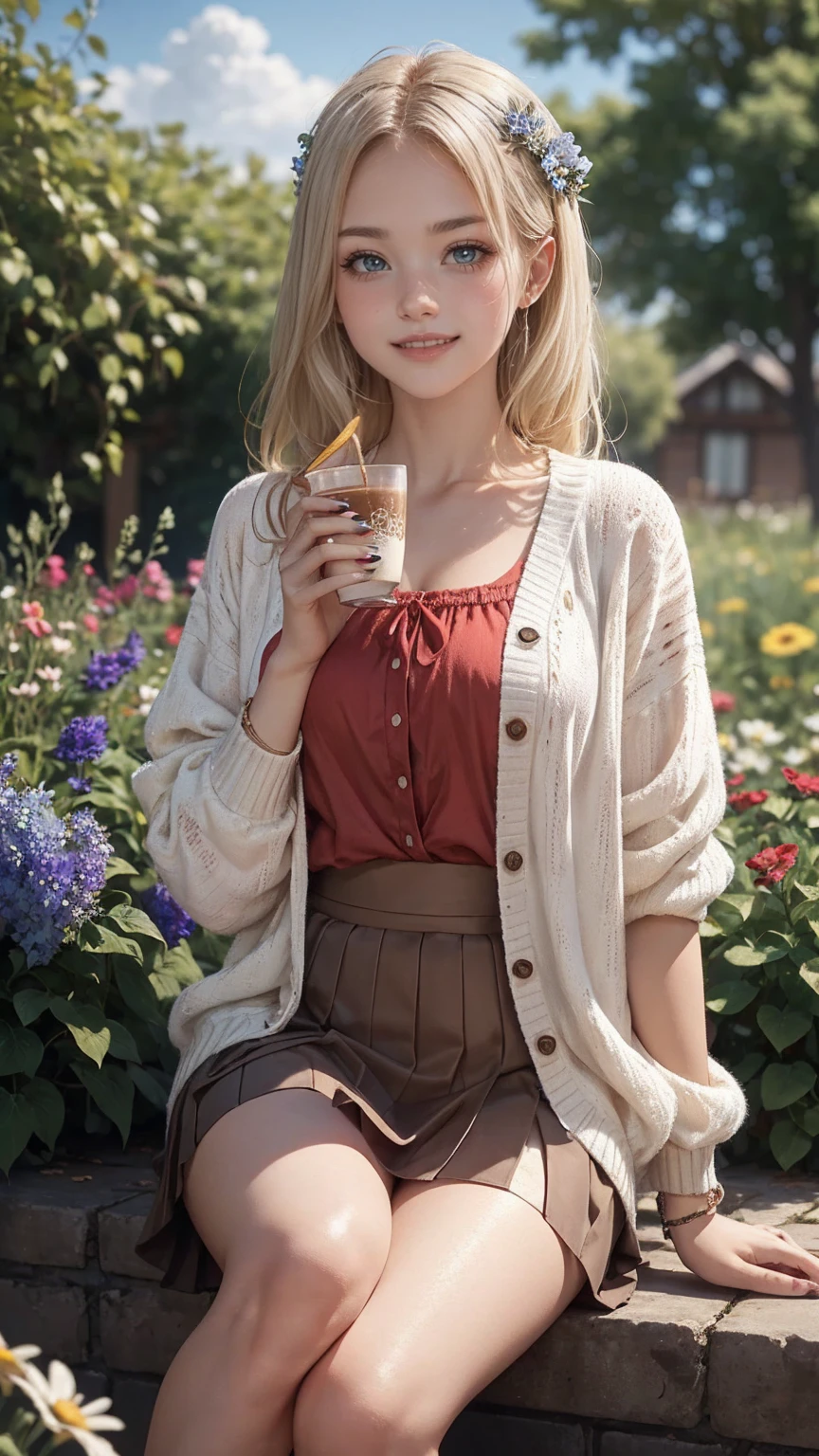 ((最high quality, 8K, masterpiece: 1.3, Ultra HD, high quality, 最high quality, High resolution, realism)) 、A 22-year-old extremely beautiful white woman、Her hair color is platinum blonde、blue eyeedium hair、straight hair、The hair is shiny、The skin is lustrous、smile、Slender but well-proportioned muscular body、Athlete-like body type、I don't want my head to disappear from the screen.、Wearing accessories on your wrist、Wearing red nail polish、I have a peticure、British suburban buildings、There is an English garden、Many flowers bloom、The blue sky is beautiful、summer sunshine、Wearing a blouse、put on a cardigan、Long length covers the ankles、Wear a pleated skirt、Drinking tea in the garden、anatomically correct、((anatomically correct))、Ultra high definition((UHD))、textured skin((textured skin))、very detailed((super detail))、high detail((high details))、smile showing teeth((grin))