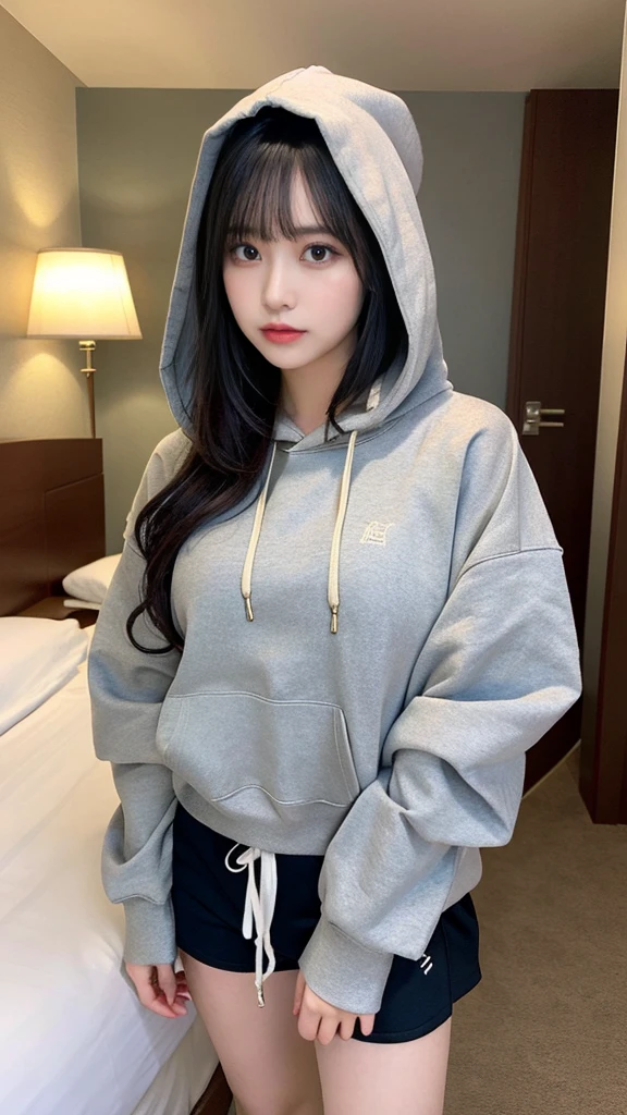 muste piece, best quality, illustration, Super detailed, fine details, High resolution, 8K,wall paper, perfect dynamic composition,(Details High quality, realistic depiction of eyes:1.3), (Oversized Light Gray Hoodie:1.2), Erotic Shorts, big breasts, short bob hair、black hair color, Big Natural Color Lip, bold sexy pose, (perfect body shape), crying a little、cold gaze, Harajuku style、20 year old girl、cute type、lolita、beautiful legs, hotel room, gravure idol