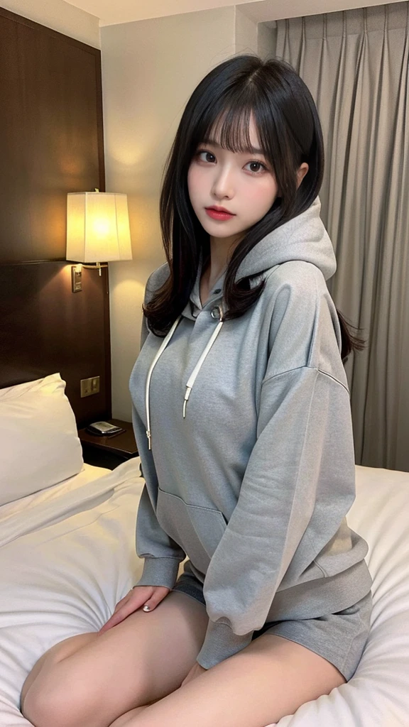 muste piece, best quality, illustration, Super detailed, fine details, High resolution, 8K,wall paper, perfect dynamic composition,(Details High quality, realistic depiction of eyes:1.3), (Oversized Light Gray Hoodie:1.2), Erotic Shorts, big breasts, short bob hair、black hair color, Big Natural Color Lip, bold sexy pose, (perfect body shape), crying a little、cold gaze, Harajuku style、20 year old girl、cute type、ta、beautiful legs, hotel room, gravure idol
