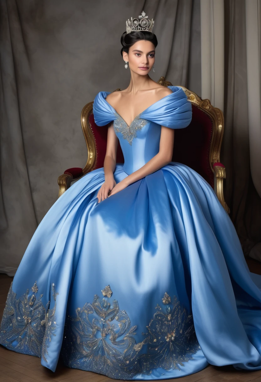 Tall and skinny but beautiful queen in her palace, her dark hair coiled in bun, she is wearing magnificent blue satin ball gown with extremely wide billowing skirt resembling the dress of Cinderella adorned with crystals and precious stones with long blue royal cape, huge diamond crown
