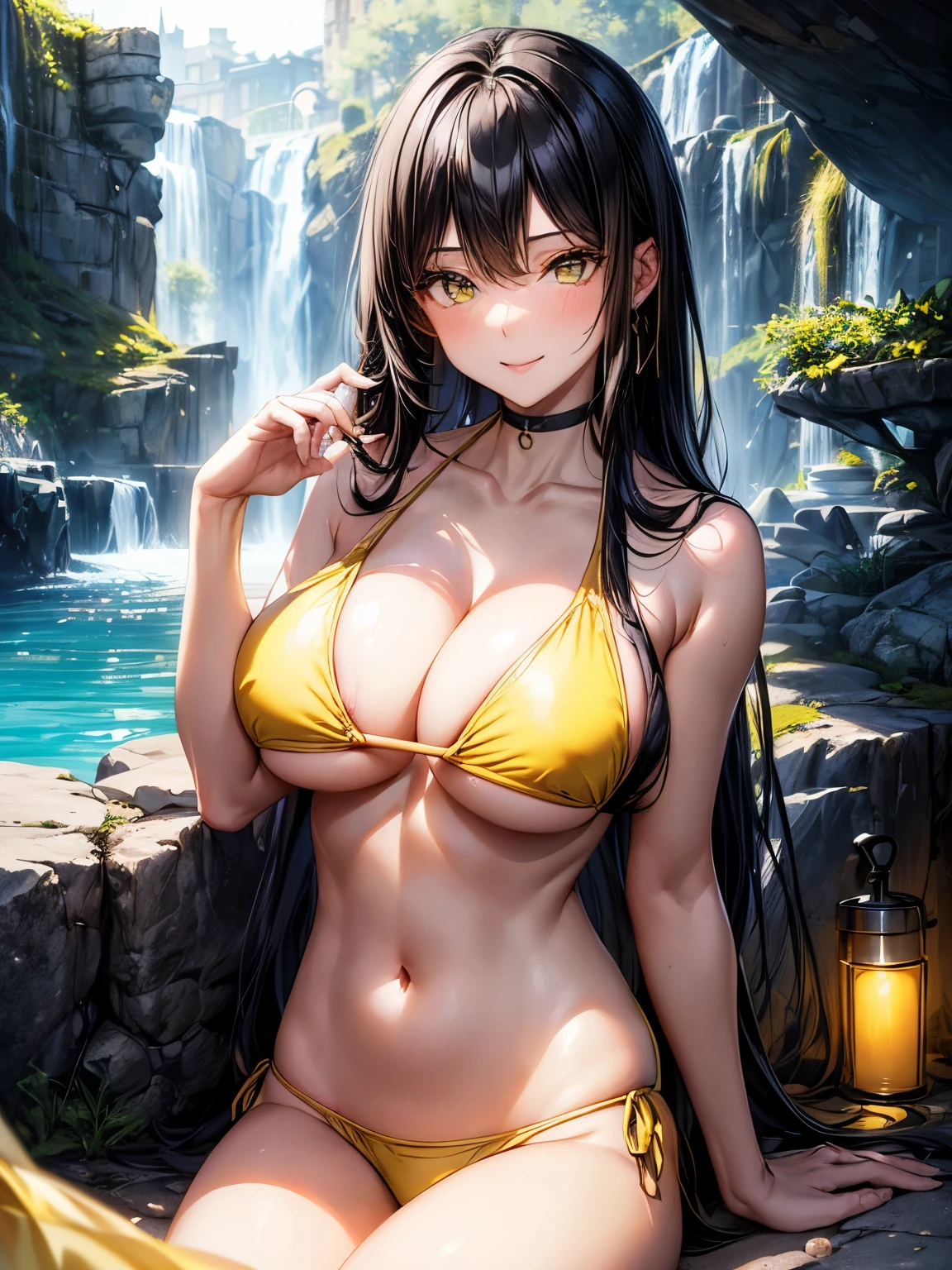 highest quality、complete limbs、Beautiful woman、solo、(black haired woman:1.3)、(Woman with long straight hair)、(big breasted woman:1.3)、(((Woman in yellow bikini:1.3)))、Superior hotel、open-air bath、Bath surrounded by stones、night、light up、smile