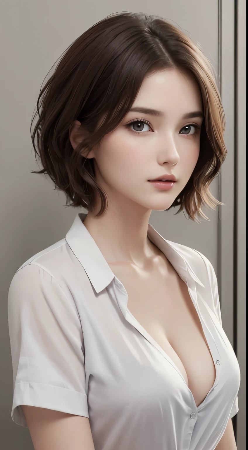 (masterpiece、highest quality、photogenuineistic、High resolution、photograph、:1.3)、close up shot、sharp focus、one brunette girl、30 year old mature woman、small face、no makeup、、hot models、Highly detailed eyes and pupils、genuineな肌、slim body shape、bust B cup、、cleavage、short cut hair、dark brown hair、delicate face、sensual gaze、glossy lips、((Wearing Henry's Shirt))、The background is、gray wall、((genuine、超genuine、genuineism、genuineなディテール))