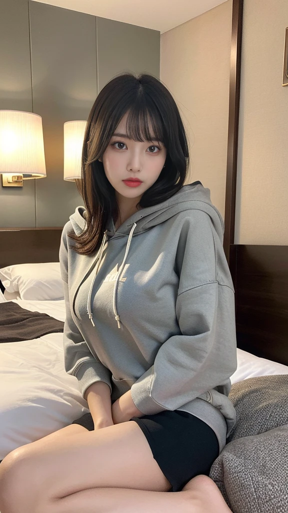 muste piece, best quality, illustration, Super detailed, fine details, High resolution, 8K,wall paper, perfect dynamic composition,(Details High quality, realistic depiction of eyes:1.3), Oversized Light Grey Hoodie, Erotic Shorts, Lying down, black hair color, Big Natural Color Lip, bold sexy pose, (perfect body shape), crying a little、cold gaze, Harajuku style、20 year old girl、cute type、ta、beautiful legs, hotel room, hposing Gravure Idol, Voluptuous thighs