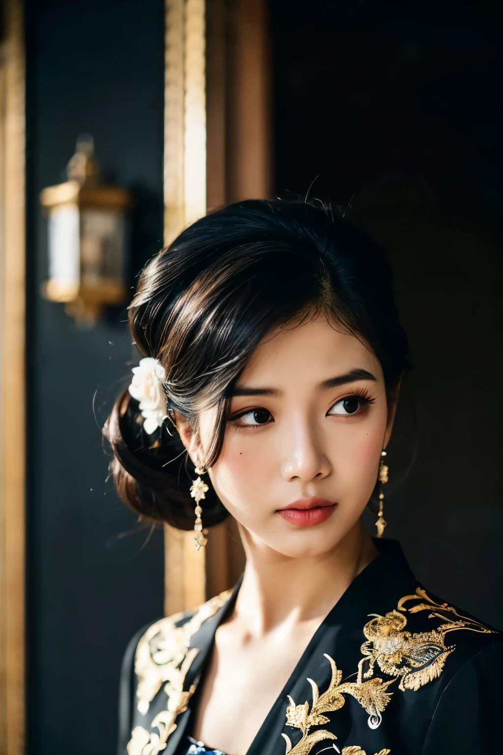 a woman, solo, photography, symmetrical front view portrait of a young  man wedding black dress java, ornament, ornate, detail, realistic, black background wearing kebaya, Indonesian, blangkon, winking,blangkon,kebaya