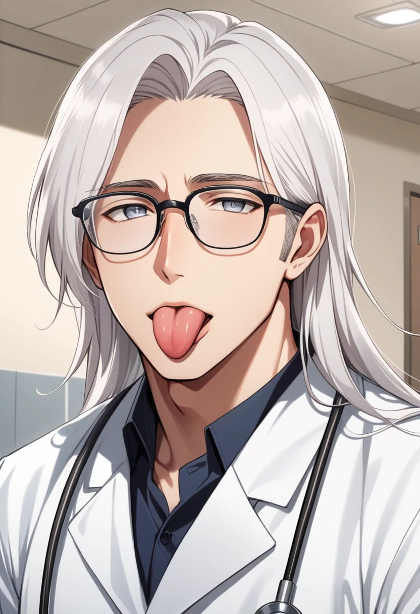 (masterpiece, best quality:1.2), (1boy), solo, 8k, white hair, long hair, glasses, handsome male, very detailed, tall, doctor, anime style, at a hospital, white coat, tongue out