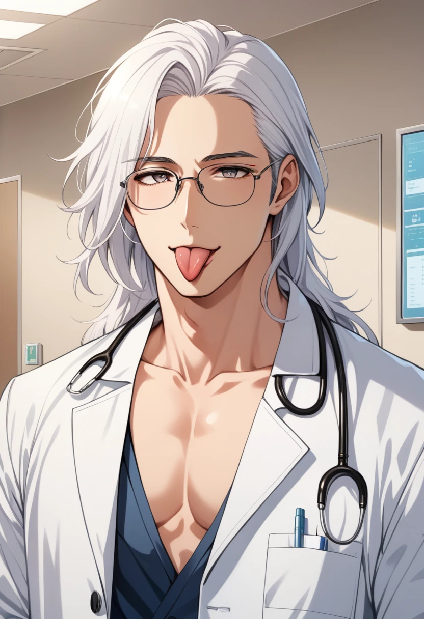 (masterpiece, best quality:1.2), (1boy), solo, 8k, white hair, long hair, glasses, handsome male, very detailed, tall, doctor, anime style, at a hospital, white coat, tongue out