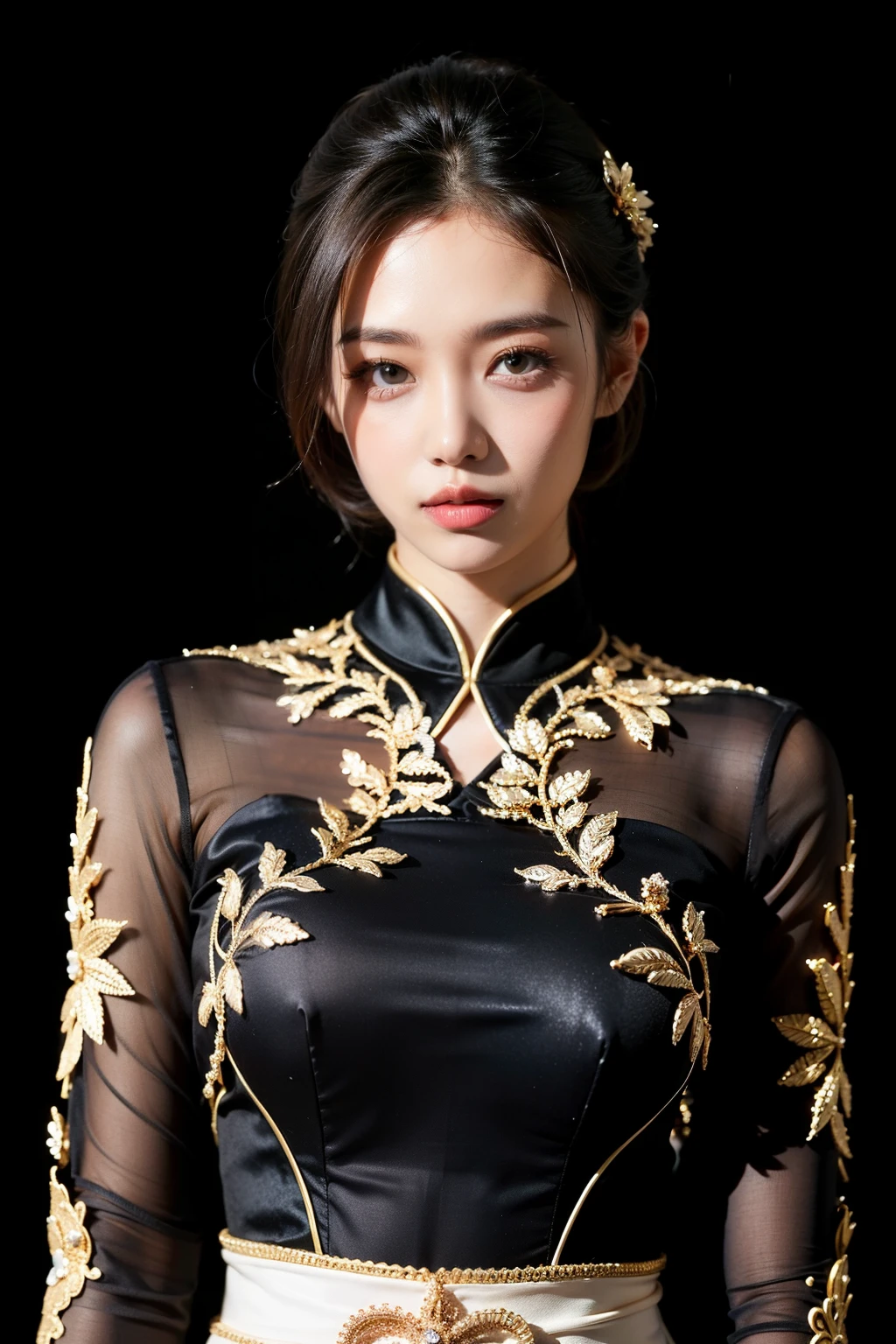 a woman, solo, photography, symmetrical front view portrait of a young man wedding black dress java, ornament, ornate, detail, realistic, black background wearing kebaya, Indonesian, blangkon, winking,blangkon,kebaya