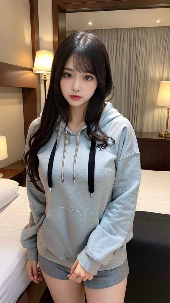 muste piece, best quality, illustration, Super detailed, fine details, High resolution, 8K,wall paper, perfect dynamic composition,(Details High quality, realistic depiction of eyes:1.3), (Oversized Light Gray Hoodie:1.2), Erotic Shorts, big breasts, short bob hair、black hair color, Big Natural Color Lip, bold sexy pose, (perfect body shape), crying a little、cold gaze, Harajuku style、20 year old girl、cute type、lolita、beautiful legs, hotel room, gravure idol
