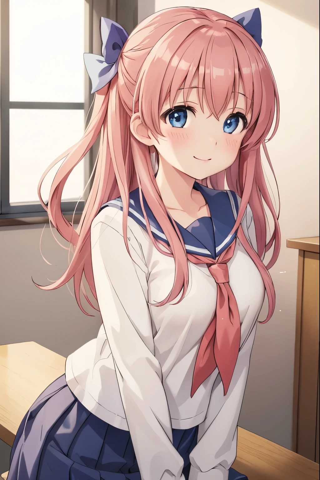 Nodoka Haramura, nodoka haramura, blue eyes, hair bow, long hair, pink hair, bow,shyness、blush、smile、smile、
break blue skirt, Kiyosumi , pleated skirt, , serafuku, skirt,
break looking at viewer,
break indoors, classroom,
break (masterpiece:1.2), highest quality, High resolution, unity 8k wallpaper, (figure:0.8), (detailed and beautiful eyes:1.6), highly detailed face, perfect lighting, Very detailed CG, (perfect hands, perfect anatomy),
