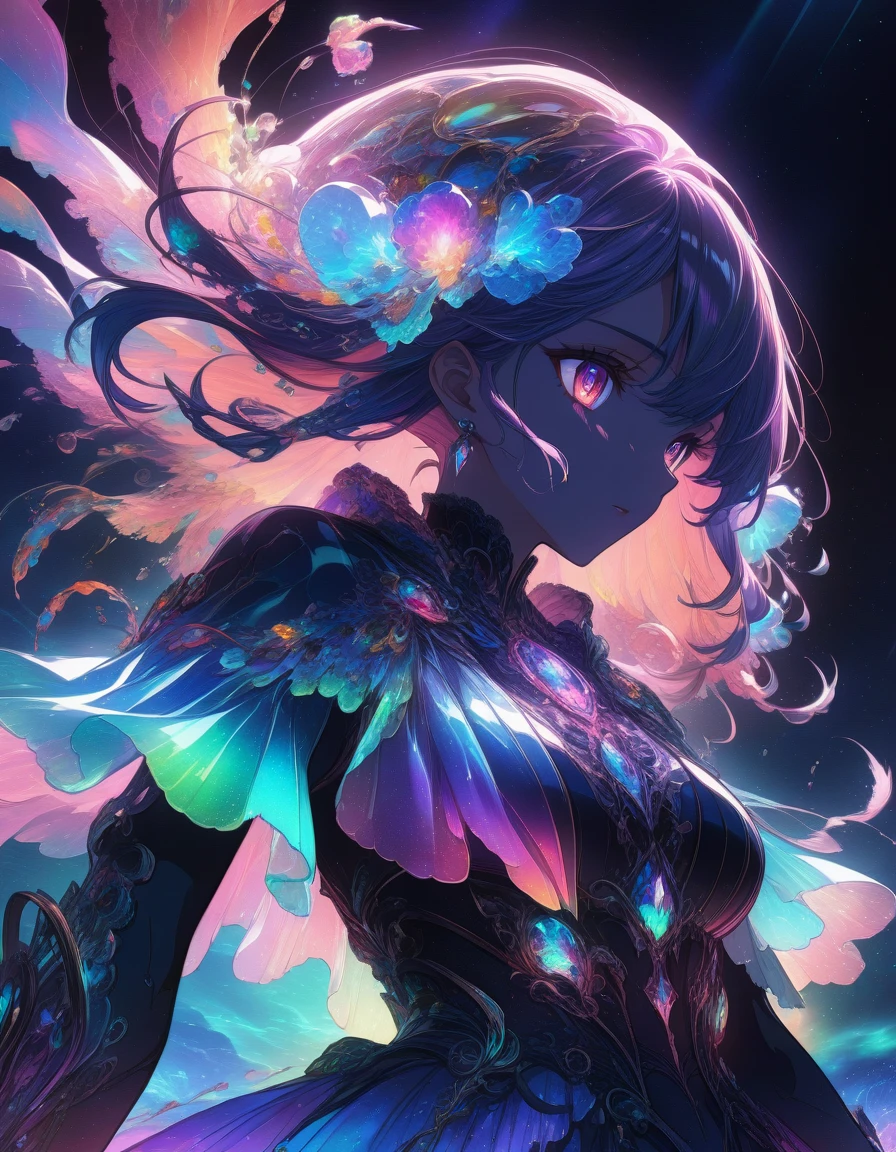 1girl, high quality closeup of a bioluminescent neon psionic crystal sapphire blue glowing jellyfish ! underwater ! iridescent, translucent, galaxy night sky background ! highly detailed and intricate professional photography, high contrast, deep blacks, rich colors, octane photograph, ultra detailed, ray tracing Perfect composition, Centered view, dynamic lighting; volumetric lighting a masterpiece, 8k resolution concept art, cgsociety, Chiaroscuro, cinematic film still . (masterpiece), (best quality), (ultra-detailed), very aesthetic, illustration, disheveled hair, perfect composition, moist skin, intricate details, anime artwork, anime style, visual, vibrant, studio anime, highly detailed, aesthetic