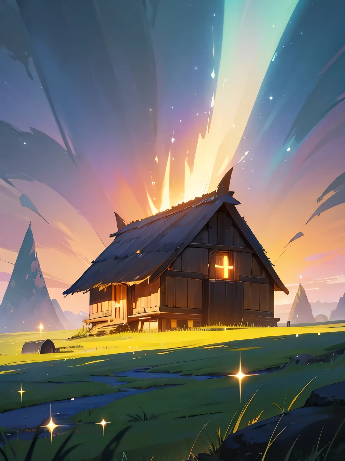 Fantasy world, magical world, nature colors, grass field, witch hut, beautiful scenery, night sky, dark ambience, grass hill, lonely house, sparkly,