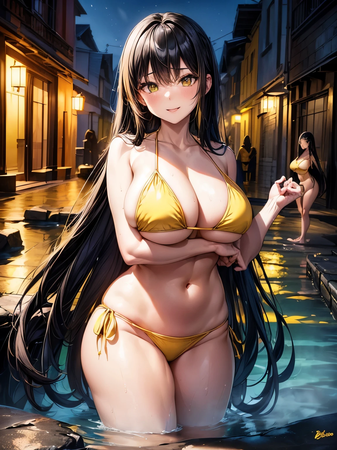 highest quality、complete limbs、Beautiful woman、solo、(black haired woman:1.3)、(Woman with long straight hair)、(big breasted woman:1.3)、(((Woman in yellow bikini:1.3)))、Superior hotel、open-air bath、Bath surrounded by stones、night、light up、smile、Are standing、sexy pose