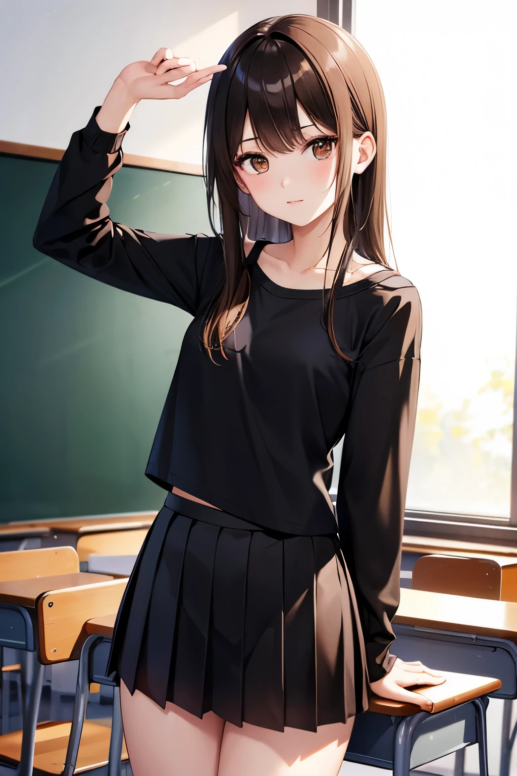 best quality, highres,Slender、brown eyes、tall、brown hair、shortcut,straight hair、School、classroom、black skirt、black camisole、22 years old
