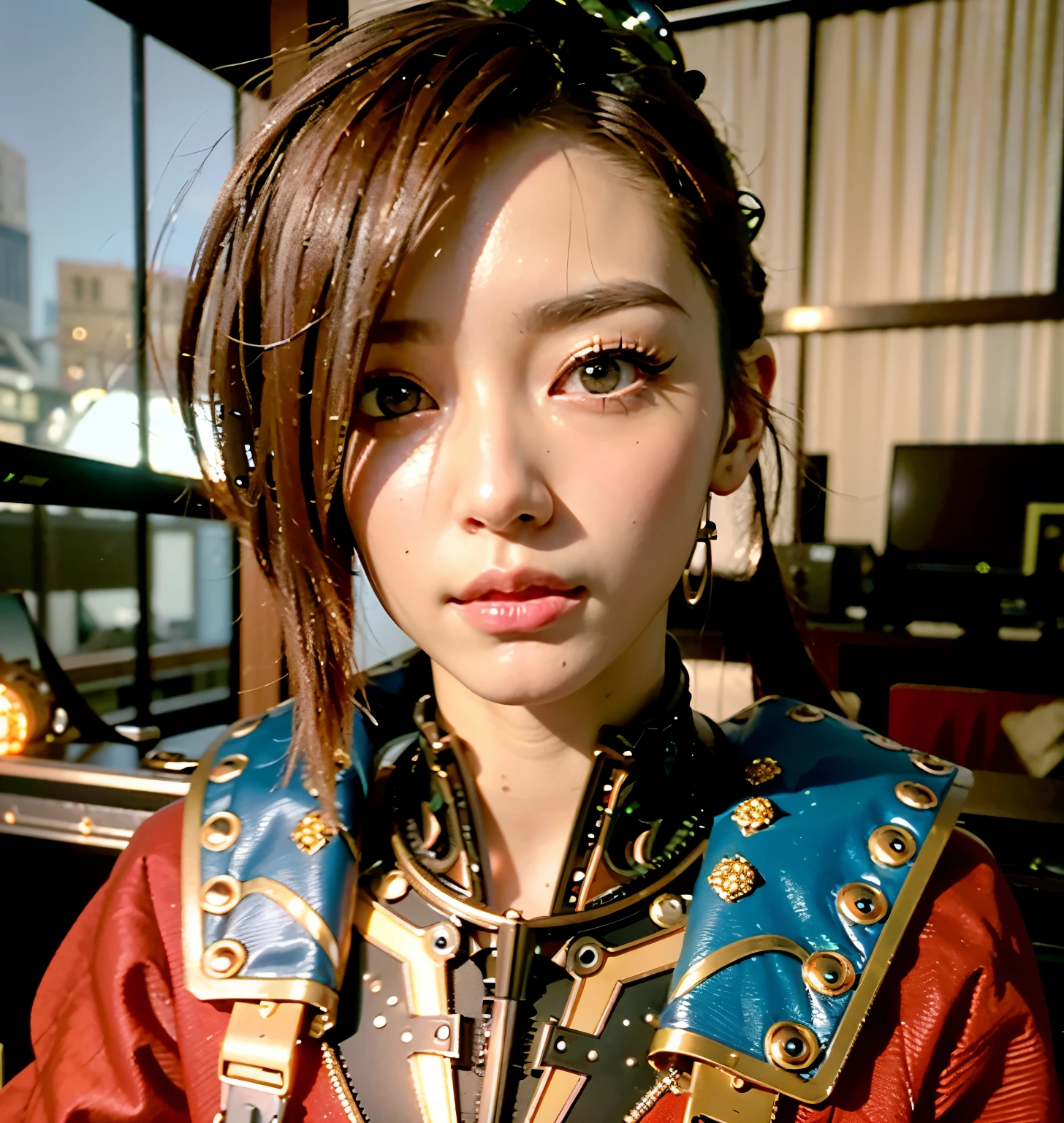 (top-quality:1.2, masterpiece)、ultra high resolution、extremely ultra surrealism, (Photorealsitic:1.4)、Raw photo、(Steampunk Battle Cyborg fallen angel)、large wings made of metal、black porcelain body、red  hair、glowy skin、1 Cyborg girl、(mechanical frame:1.3)japanese, extremely cute face,  ((super realistic details))、portrait、globalillumination、Shadow、octan render、8K、ultrasharp、character edge light、Details of complex ornaments、Acrylic Clear Cover、Sumerian details、Hydraulic cylinder、Small LED lamp、highly intricate detail、Realistic light、a purple eye、radiant eyes、Facing the camera、neon details、cowboy  shot、Futuristic headgear、About Cyberpunk