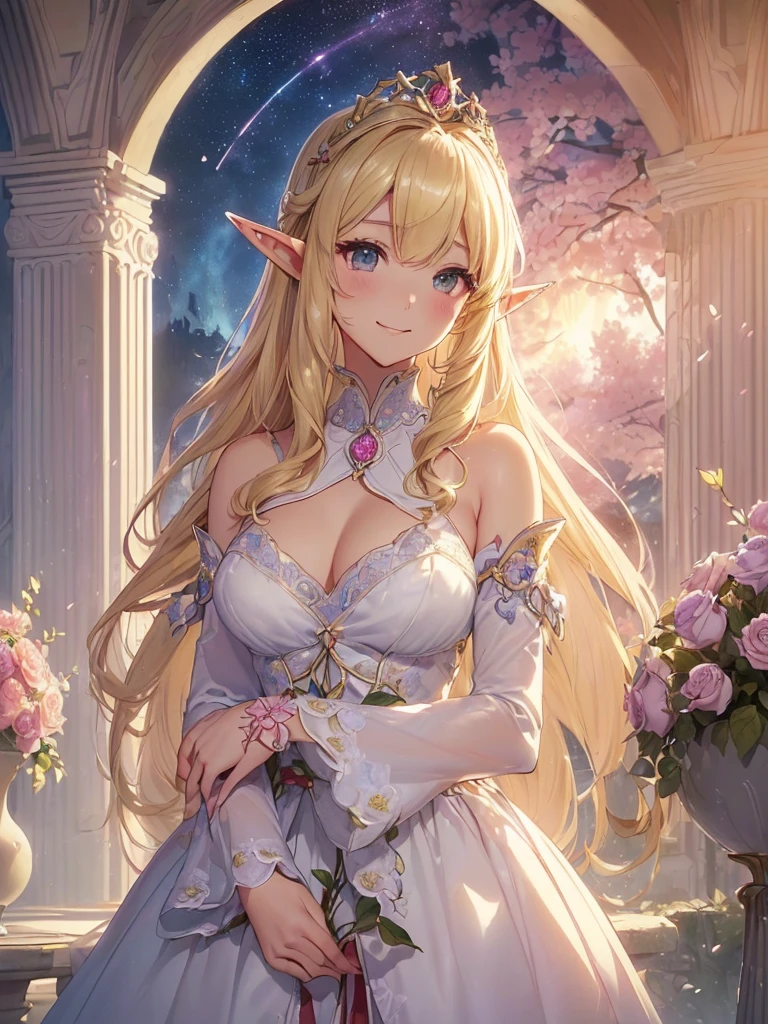 highest quality、Highest image quality、masterpiece、beautiful face、、Titania、Super beautiful elf beauty((22 years old OL big bust、bust 90,beautiful long ironed hair、blonde、Height: 165cm。slender、sexy、Esbian、beautiful tiara、night、High quality、美しいart、Beautiful bed、canopy、Sky curtain、muste piece、ビジュアルart、Depth of the bounds written、、elf ears、、Lightのmagic、universe、A happy smile、穏やかなLight、Elven Forest、cherry blossoms、、elegant、ticker beautiful decorative、marble columns、fresco、Mosaic floor、mystical　rosa、Rose、flower瓶、magicのflower、flowerを作るmagic、Light、　the sky、beautiful dressy、beautiful dresyth、ART、Lord of the Ring、sexy、friendly smile、Fantastic、cherry blossoms、舞い散るflowerびら、cherry blossomsのflower、universeのmagic、magicのLight、fantasy、flower、super REALITYたくさんのRose、magic、Interior decoration、Many tapestries、Grow fantasy、、mysteryのLight、byzantine、renaissance、Art nouveau、alphonse　Mucha、、art、art,mystery,UHD,magicalgentle light,sexy、