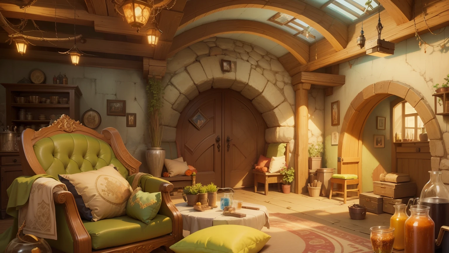 there is a room with a lot of furniture and a big door, interior of a hobbit hole, fantasy Tavern background, interior background art, In his hobbit home, Fantasy bakery interior setting, Detailed game art illustration, fairy tale style background, hobbit hole, background artwork, Game illustration, background art, fantasy alchemist's laboratory, Detailed game art, Tavern background, House of the Elves