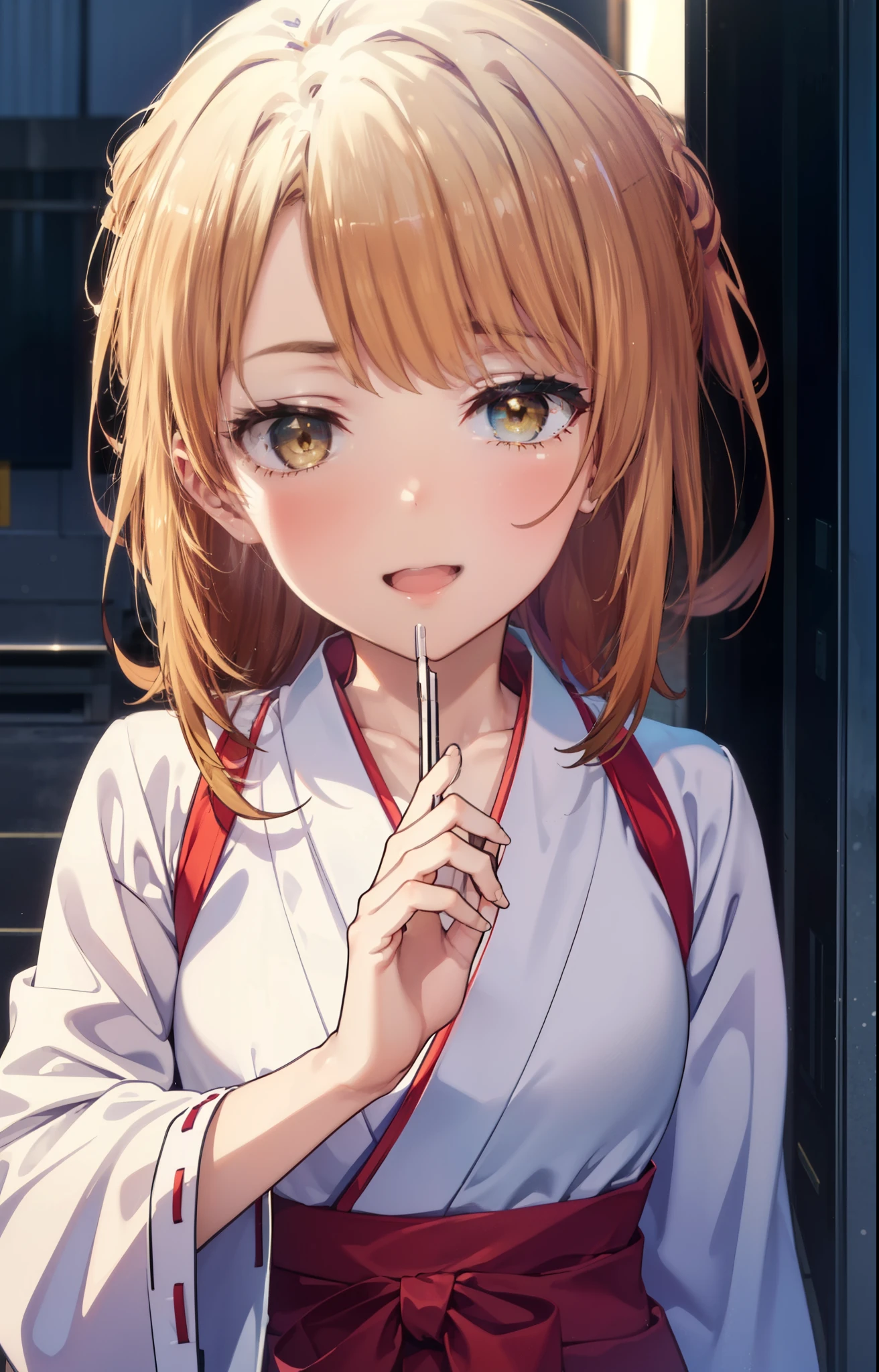 irohaisshiki, iroha isshiki, long hair, brown hair, (brown eyes:1.5), happy smile, smile, open your mouth,Platycodon,Miko, kimono, kimono, same as skirt, wide sleeve, long sleeve, ribbon trim sleeves,
とてもlong hair, dull bangs, low ponytail,
looking at the viewer, Are standing,
very long hair, dull bangs, low ponytail,
break outdoors, 神社
break looking at viewer,whole body, (cowboy shot:1. 5)
break (masterpiece:1.2), highest quality, High resolution, unity 8k wallpaper, (shape:0.8), (fine and beautiful eyes:1.6), highly detailed face, perfect lighting, Very detailed CG, (perfect hands, perfect anatomy),