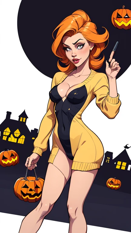 (Velma, sheer orange lingerie), full body, nice breast, athletically fitt curvy body, nice booty, in a spooky haunted house