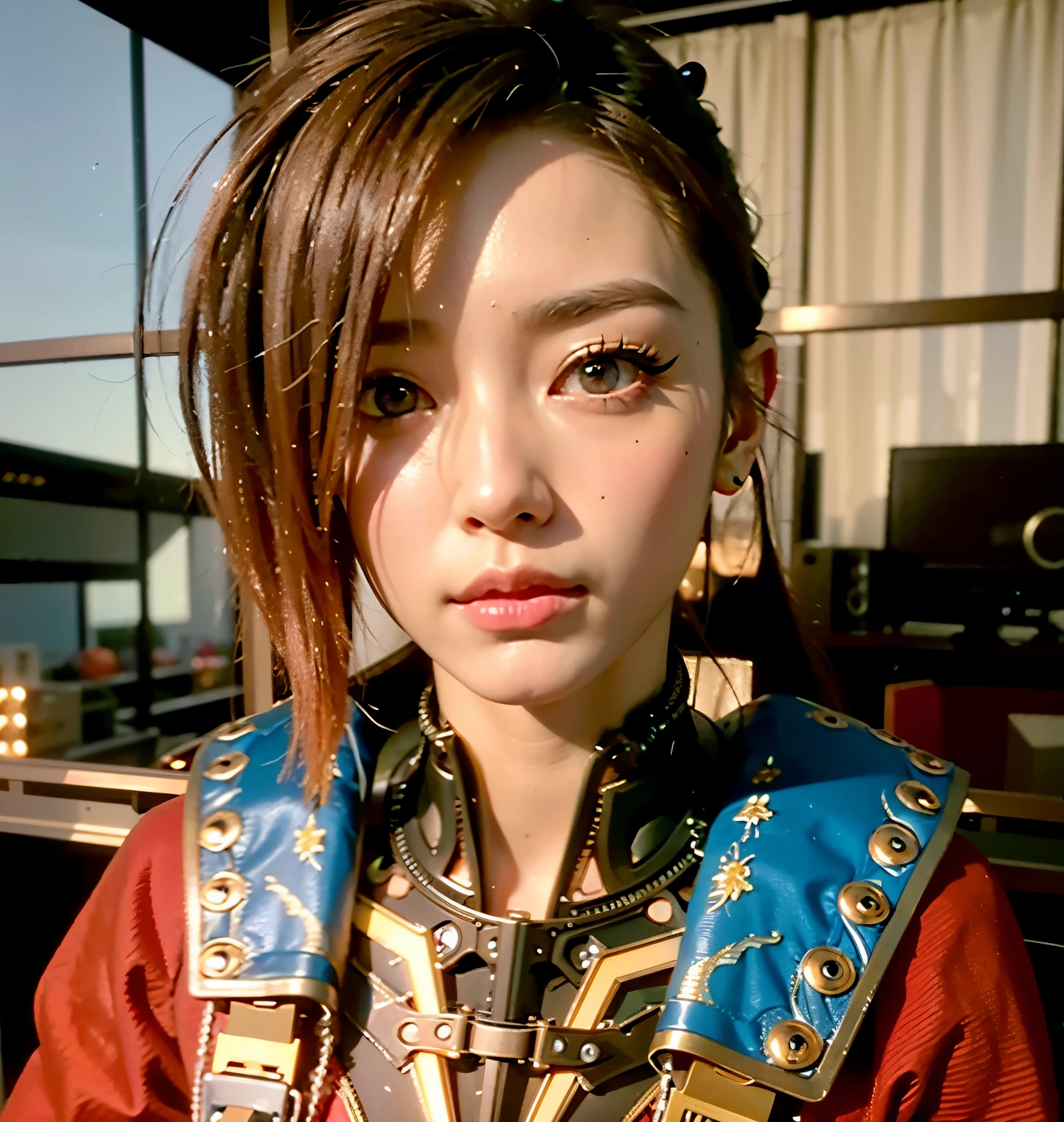 (top-quality:1.2, masterpiece)、ultra high resolution、extremely ultra surrealism, (Photorealsitic:1.4)、Raw photo、(Steampunk Battle Cyborg fallen angel)、large wings made of metal、black porcelain body、red hair、glowy skin、1 Cyborg girl、(mechanical frame:1.3)japanese, extremely cute face, ((super realistic details))、portrait、globalillumination、Shadow、octan render、8K、ultrasharp、character edge light、Details of complex ornaments、Acrylic Clear Cover、Sumerian details、Hydraulic cylinder、Small LED lamp、highly intricate detail、Realistic light、a purple eye、radiant eyes、Facing the camera、neon details、cowboy shot、Futuristic headgear、About Cyberpunk