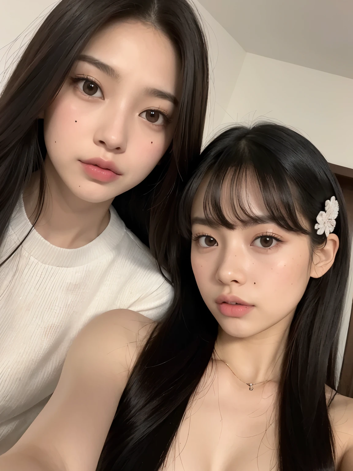 Kim Jennie de blackpink con el cabello rubio claro, cabello rubio con ondulado, cabello de color rubio ondulado, with small fringes, ojos color negro, nariz respingada y bonita, labios gruesos, Cupid and heart shaped lips......, labios rosas, pale, piel blanca, piel bonita y suave, con pecas y lunares, cejas bonitas, marked and beautiful clavicle, mientras tiene un polo con rosas color rojo tinto, rojo oscuro, con ropa interior femenina, abdomen delgado y bonito, escote desnudo, (pechos grandes, pechos suaves, pechos naturales, escote desnudo), mientras agarra una rosa, mirando a la camara, autofoto, selfie lejana, selfie from all angles, alguien se esta tomando selfies, foto lejana y de distintos algunos