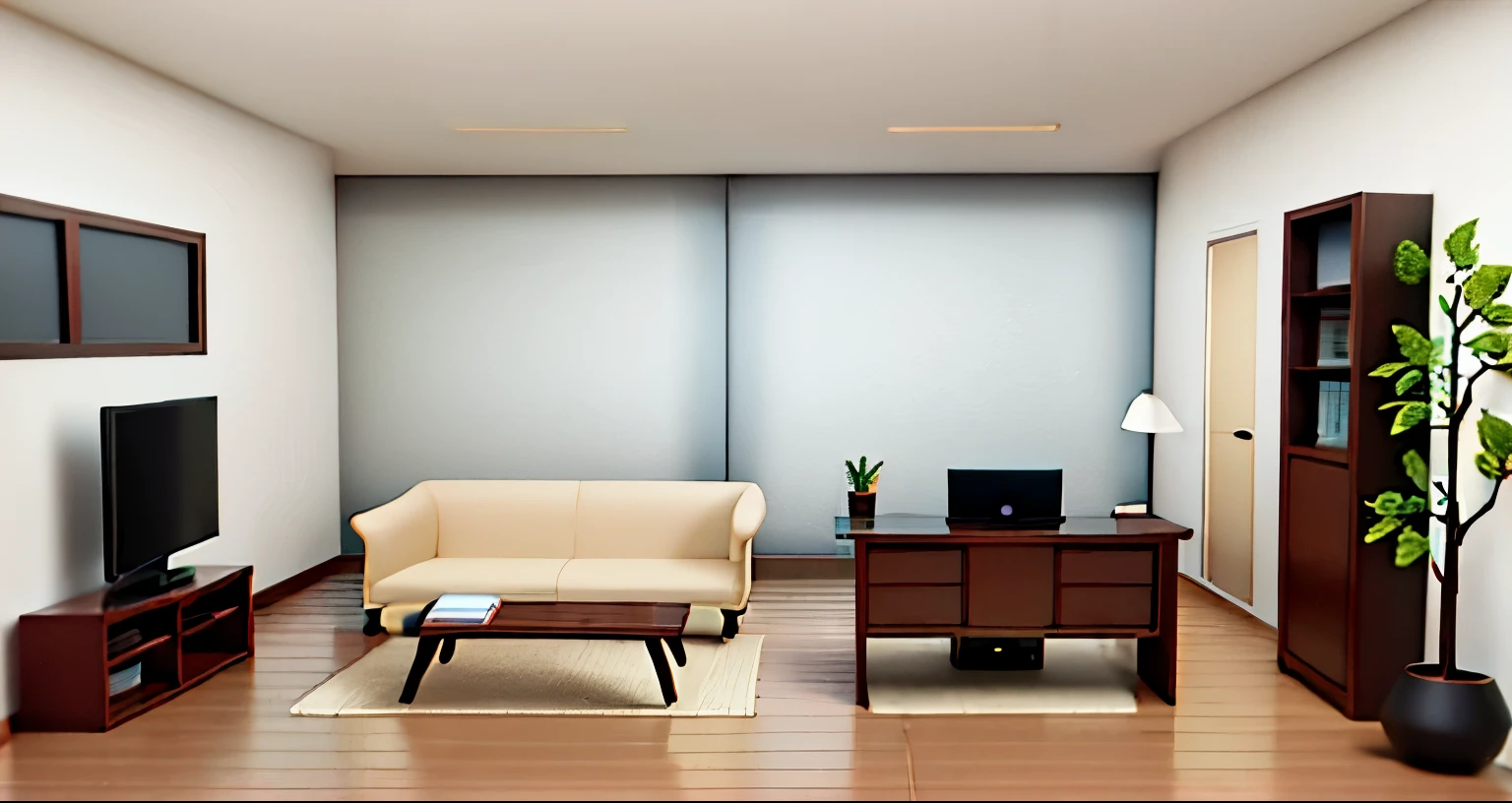 Soft light from a single window、Warm and dark Western-style room、Light beige, brown and white、soft light、Wooden tile floor、Laptop on a wooden desk、bookshelf、tv set、Doctor's Office、Medical office、3D illustration style、Hospital medical department、Cartoon illustration style