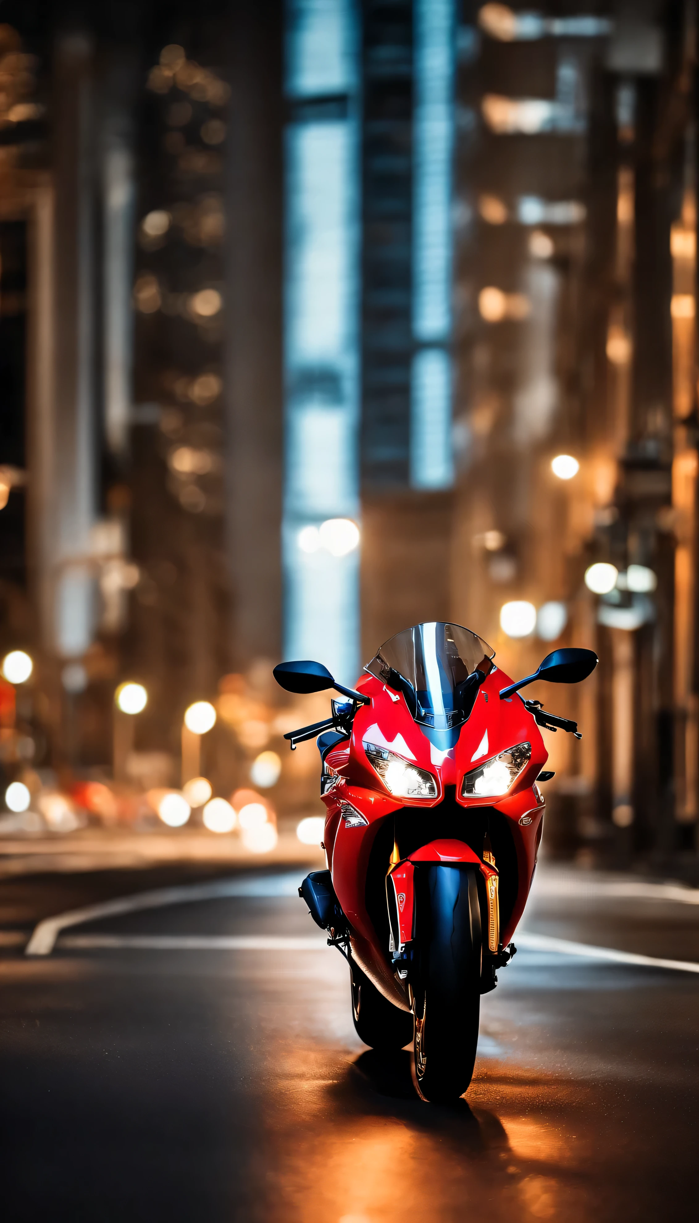 (best quality, highres, realistic:1.37), colorful, vibrant visuals, detailed view, impressive lighting, cityscape, Moto CBR1000RR Fire Blade 2005, fiery red accents, powerful motorbike, sleek design, energetic flair, dynamic motion, city lights reflecting on the sleek surface of the bike, urban night setting, skyscrapers in the background, a sense of speed, adrenaline rush, captivating atmosphere, captivating cityscape, energetic vibes, mesmerizing artistry, masterful composition.