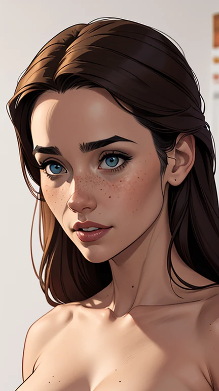 Character style illustration style Completely bare breasts showing small fear Breast size Cartoon name: Isabella Cruz white background medium breasts freckled face Jennifer Connelly actress strong contours Physical description - long straight hair, tingidos de um marrom vibrante que contrasta com sua pele clara.
- You reflect a mix of curiosity and determination.
- Ela tem uma estatura alta, with a slender and agile figure, evidenciando sua agilidade e destreza.
-fundo colorido
Design de personagens de retrato, beautiful digital illustration, retrato de alta qualidade, Arte em quadrinhos, Corpo inteiro sensualizando ou pelada. folha de retorno. folha de retorno