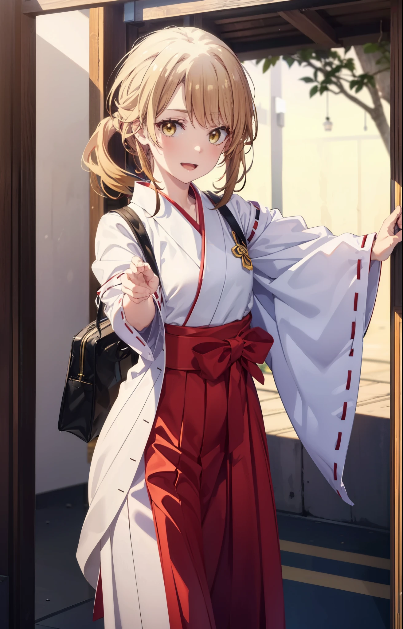 irohaisshiki, iroha isshiki, long hair, brown hair, (brown eyes:1.5), happy smile, smile, open your mouth,Platycodon,Miko, white kimono, red hakama,kimono, white foot bag,Zori sandals,same as skirt, wide sleeve, long sleeve, ribbon trim sleeves,
とてもlong hair, dull bangs, low ponytail,
looking at the viewer, Are standing,
very long hair, dull bangs, low ponytail,
break outdoors, shrine,torii,
break looking at viewer,whole body, (cowboy shot:1. 5)
break (masterpiece:1.2), highest quality, High resolution, unity 8k wallpaper, (shape:0.8), (fine and beautiful eyes:1.6), highly detailed face, perfect lighting, Very detailed CG, (perfect hands, perfect anatomy),