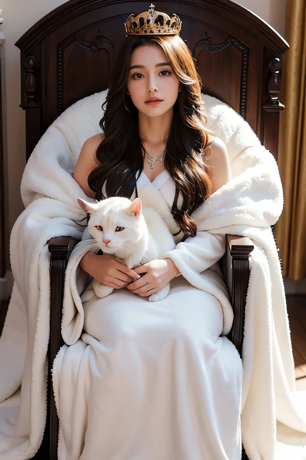A queen is wrapped in a fluffy long hair fleece blanket. Ache is sitting on a majestic throne