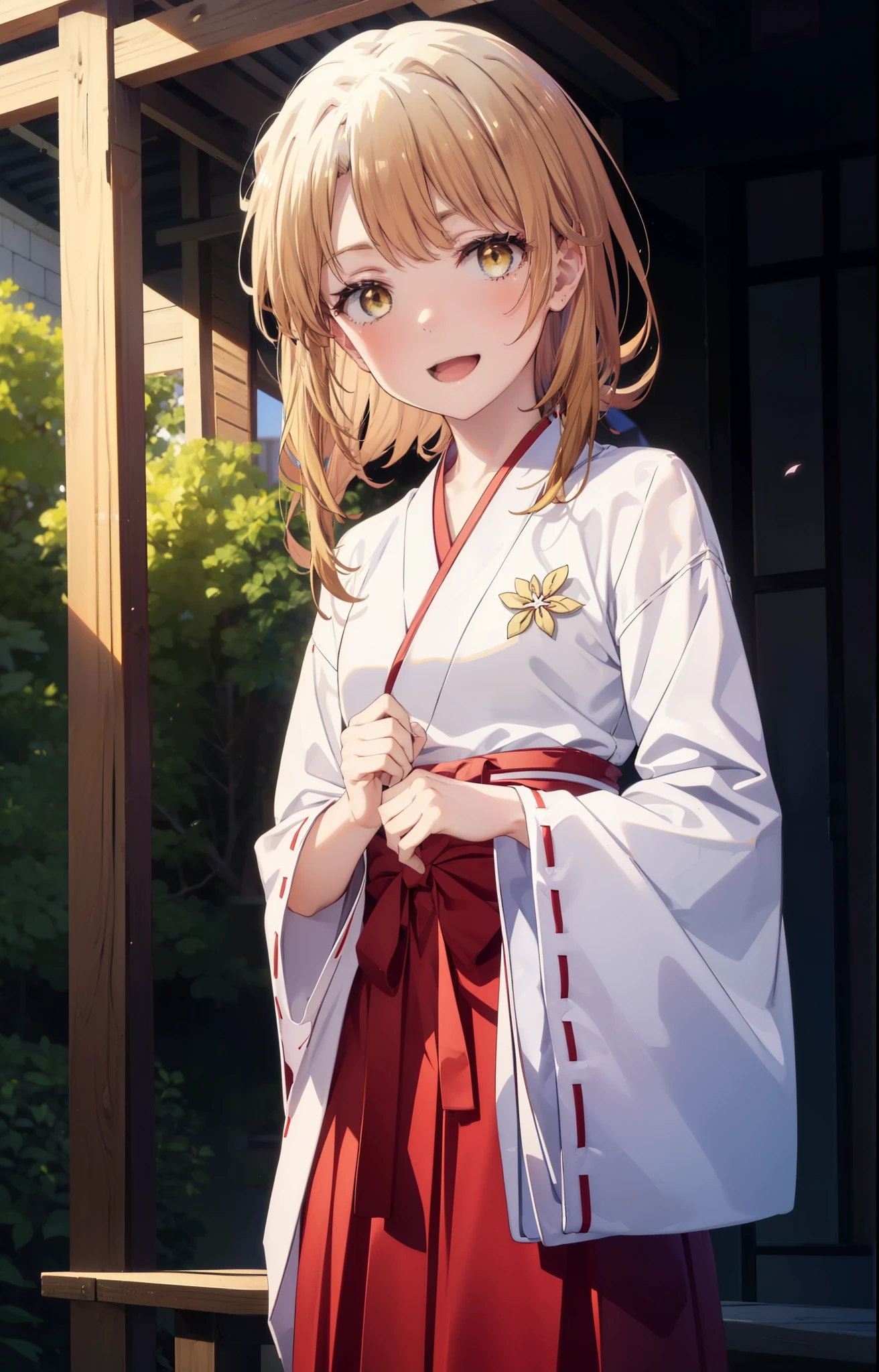 irohaisshiki, iroha isshiki, long hair, brown hair, (brown eyes:1.5), happy smile, smile, open your mouth,Platycodon,Miko, white kimono, red hakama,kimono, white foot bag,Zori sandals,same as skirt, wide sleeve, long sleeve, ribbon trim sleeves,
とてもlong hair, dull bangs, low ponytail,
looking at the viewer, Are standing,
very long hair, dull bangs, low ponytail,
break outdoors, shrine,torii,
break looking at viewer,whole body, (cowboy shot:1. 5)
break (masterpiece:1.2), highest quality, High resolution, unity 8k wallpaper, (shape:0.8), (fine and beautiful eyes:1.6), highly detailed face, perfect lighting, Very detailed CG, (perfect hands, perfect anatomy),