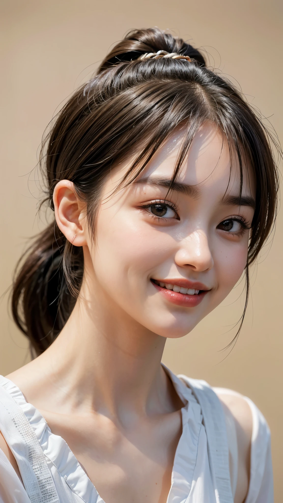 highest quality, masterpiece, ultra high resolution, (realistic:1.4), (portrait facing each other) Raw photo, 1 girl, 20-year-old,((K-pop idol costumes)),((ponytail hair)),((Bangs, short hair, above eyebrows)),((looking up at the viewer)),realistic,((Simple solid color background)), picture media chest)),((toothy smile)),