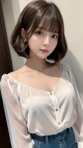 highest quality,Photo quality,Ultra high definition,actress,cute hairstyle,short bangs,(transparent blouse:1.1),professional lighting,