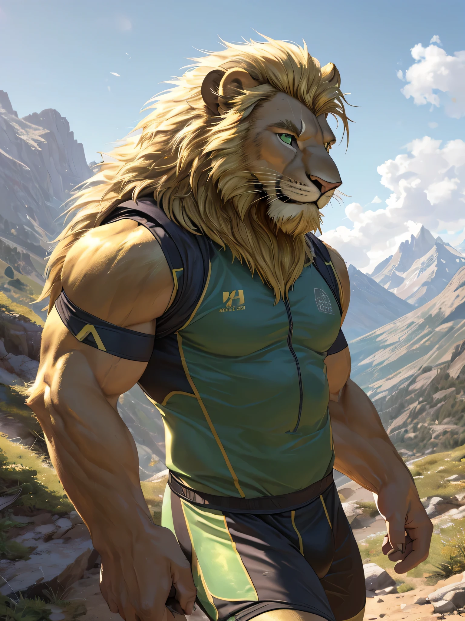 (best quality,4k,8k,highres,masterpiece:1.2),ultra-detailed,(realistic,photorealistic,photo-realistic:1.37),Lion, male, long and blonde mane, blonde chin beard, green eyes, muscular body, tight sports outfit, hiking in the mountains, smiling while looking at the scenery, vibrant colors, golden lighting