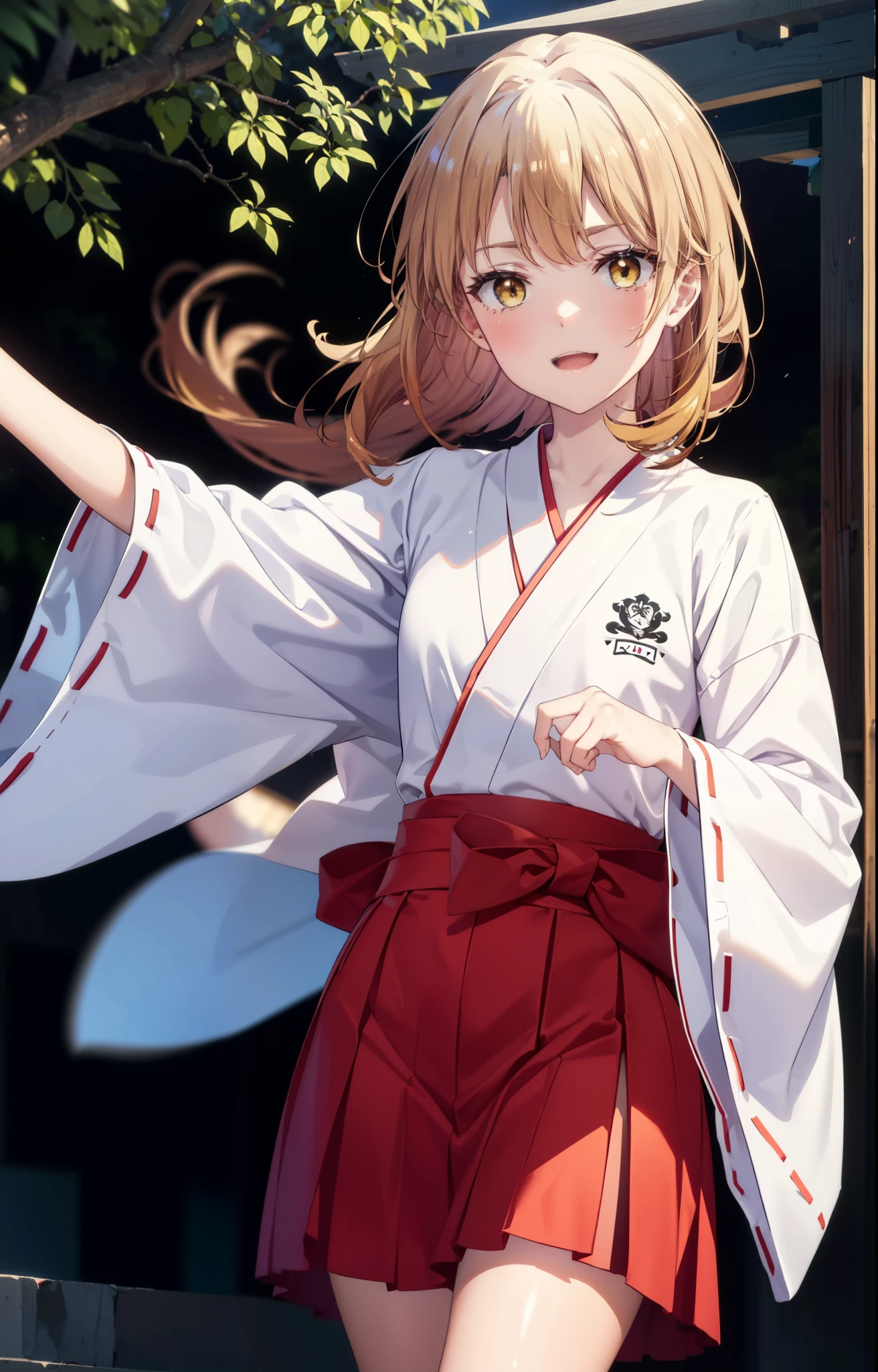 irohaisshiki, iroha isshiki, long hair, brown hair, (brown eyes:1.5), happy smile, smile, open your mouth,Platycodon,Miko, white kimono, red hakama,kimono, white foot bag,Zori sandals,same as skirt, wide sleeve, long sleeve, ribbon trim sleeves,
とてもlong hair, dull bangs, low ponytail,
looking at the viewer, Are standing,
very long hair, dull bangs, low ponytail,
break outdoors, shrine,torii,
break looking at viewer,whole body, (cowboy shot:1. 5)
break (masterpiece:1.2), highest quality, High resolution, unity 8k wallpaper, (shape:0.8), (fine and beautiful eyes:1.6), highly detailed face, perfect lighting, Very detailed CG, (perfect hands, perfect anatomy),
