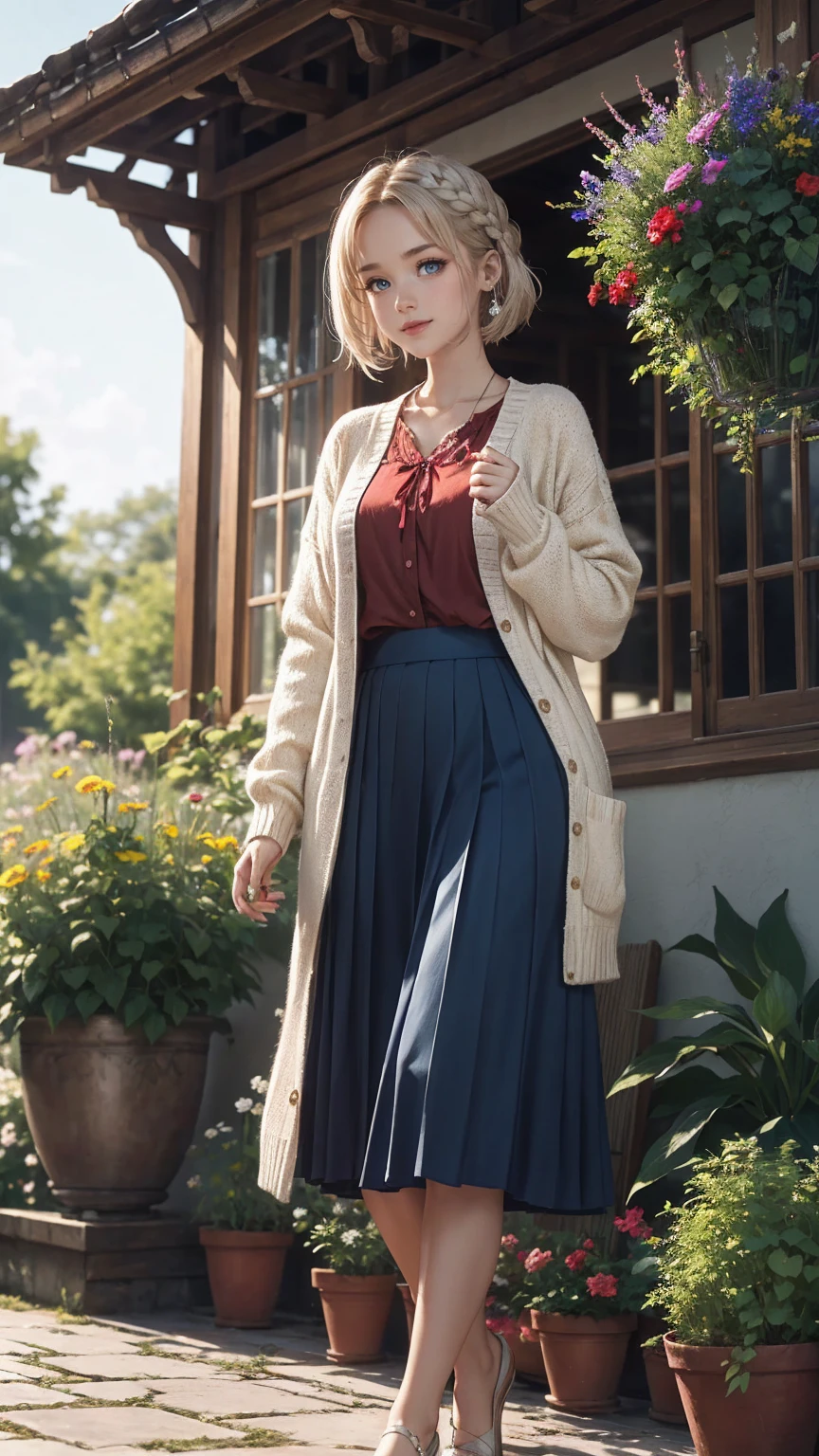 ((最high quality, 8K, masterpiece: 1.3, Ultra HD, high quality, 最high quality, High resolution, realism)) 、A 22-year-old extremely beautiful white woman、Her hair color is platinum blonde、blue eyeedium hair、straight hair、The hair is shiny、The skin is lustrous、smile、Slender but well-proportioned muscular body、Athlete-like body type、I don't want my head to disappear from the screen.、Wearing accessories on your wrist、Wearing red nail polish、I have a peticure、British suburban buildings、There is an English garden、Many flowers bloom、The blue sky is beautiful、summer sunshine、Wearing a blouse、put on a cardigan、Long length covers the ankles、Wear a pleated skirt、Drinking tea in the garden、anatomically correct、((anatomically correct))、Ultra high definition((UHD))、textured skin((textured skin))、very detailed((super detail))、high detail((high details))、smile showing teeth((grin))